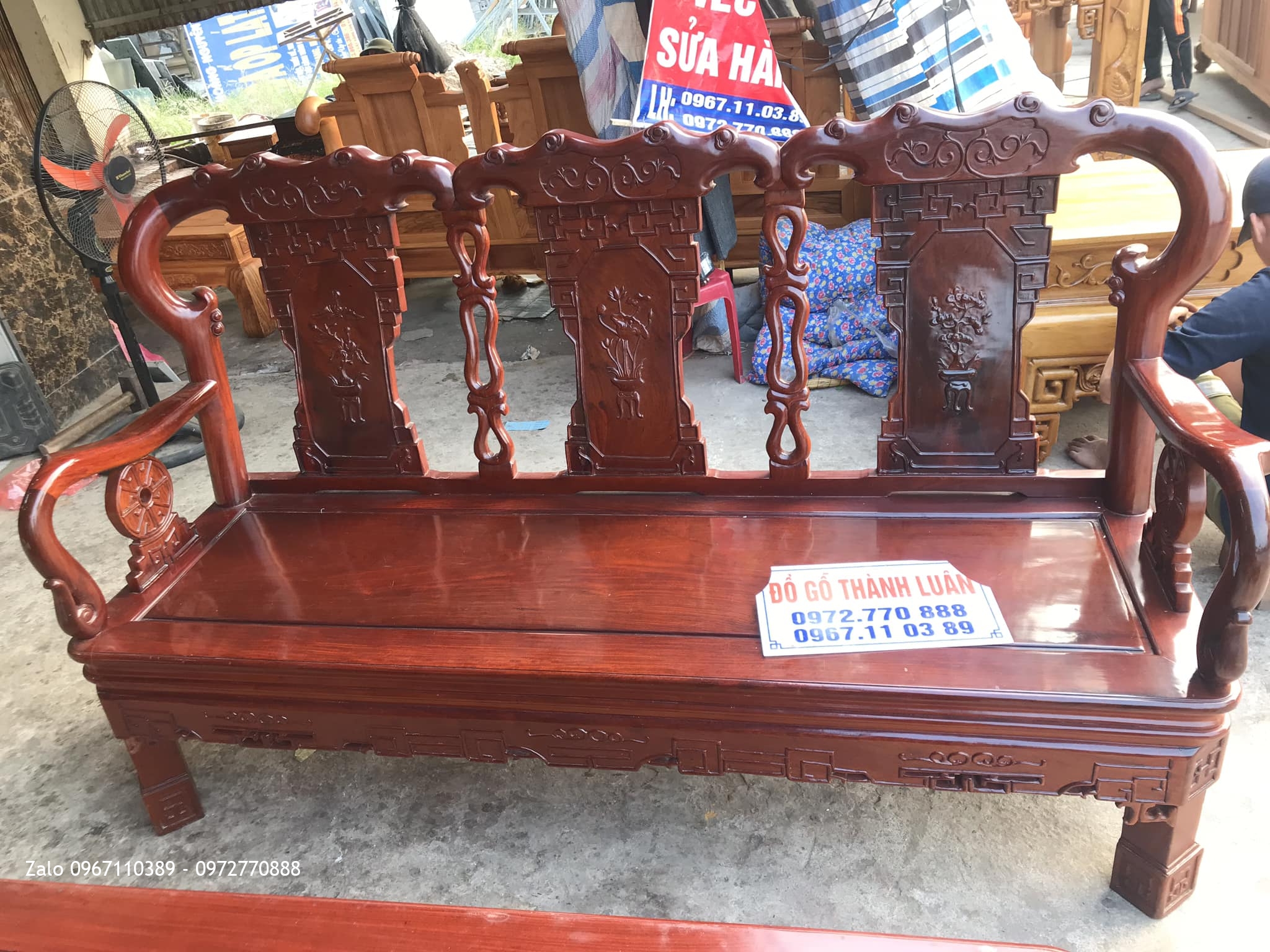 Bộ Bàn Ghế Quốc Triện Gỗ Hương Đỏ Lào Tay 8 Gồm 6 Món (Hàng Tái Sử Dụng).