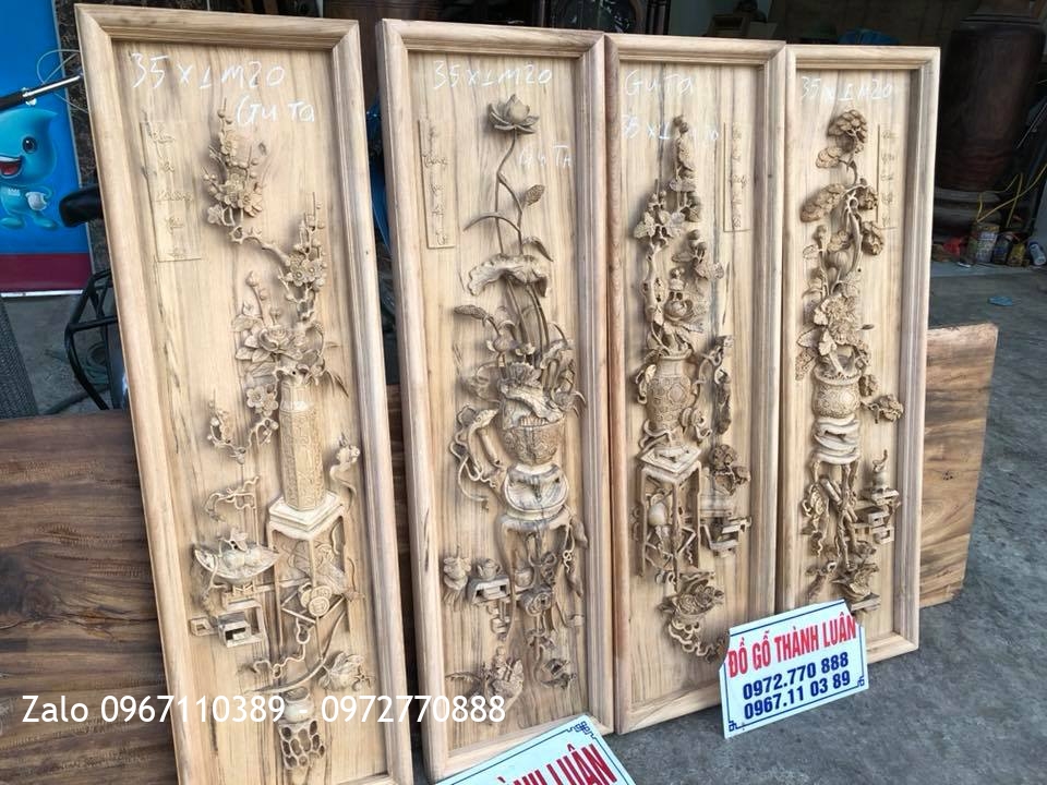 Bộ Tranh Tứ Bình Gỗ Gụ Dày 5cm Đục Kênh Bong. Khách Hải Phòng