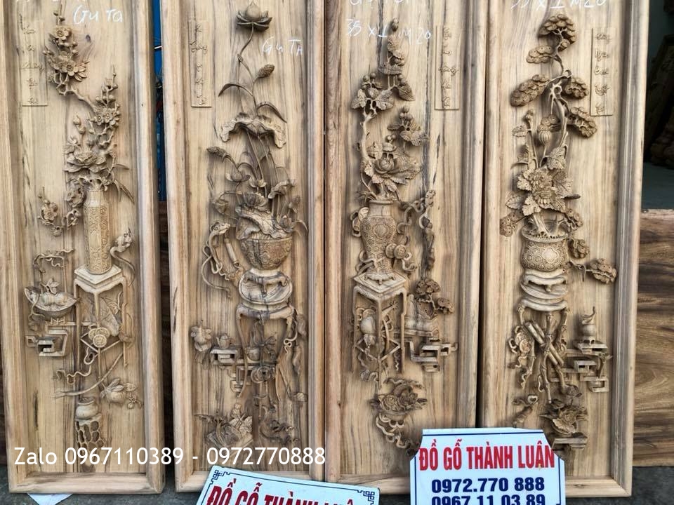 Bộ Tranh Tứ Bình Gỗ Gụ Dày 5cm Đục Kênh Bong. Khách Hải Phòng,