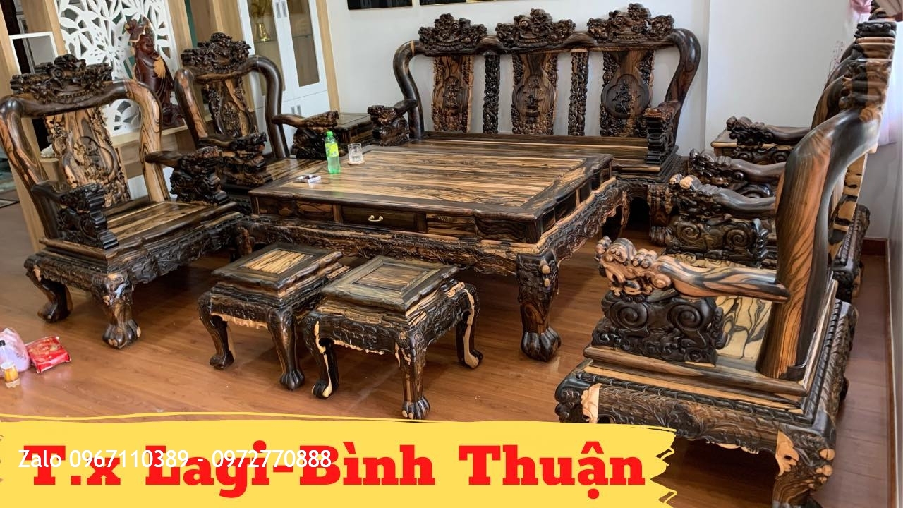 Bộ Bàn Ghế Minh Nghê Gỗ Mun Cột 12, Chân 14 Yếm Dạ Cong.10 Món. Khách Lagi, Bình Thuận