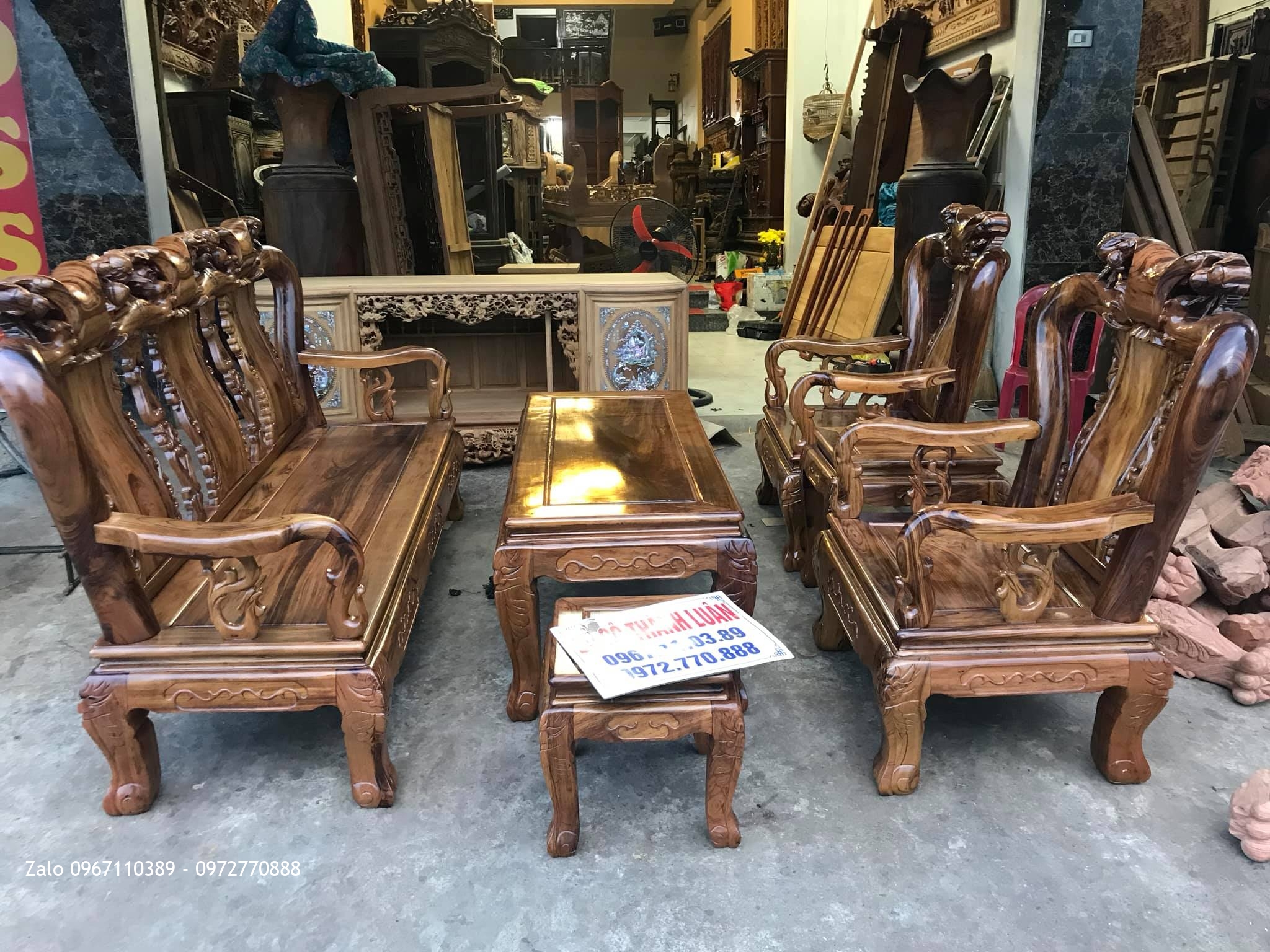 Bộ Bàn Ghế Minh Quốc Đào Chim Gỗ Gụ Ta Quảng Bình Cột 10. 6 Món chọn Vân Víp