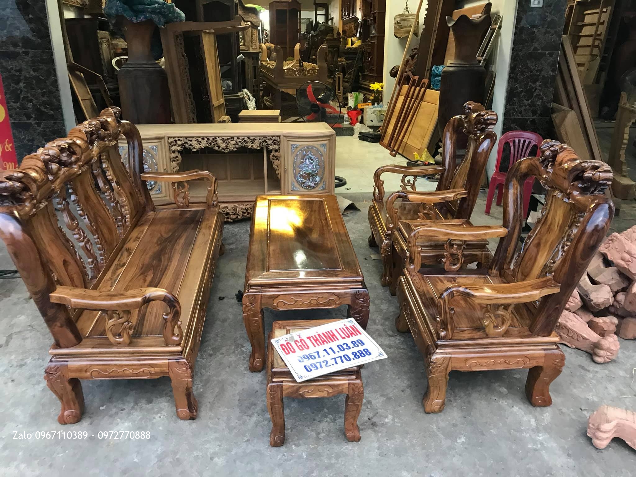 Bộ Bàn Ghế Minh Quốc Đào Chim Gỗ Gụ Ta Quảng Bình Cột 10. 6 Món chọn Vân Víp.