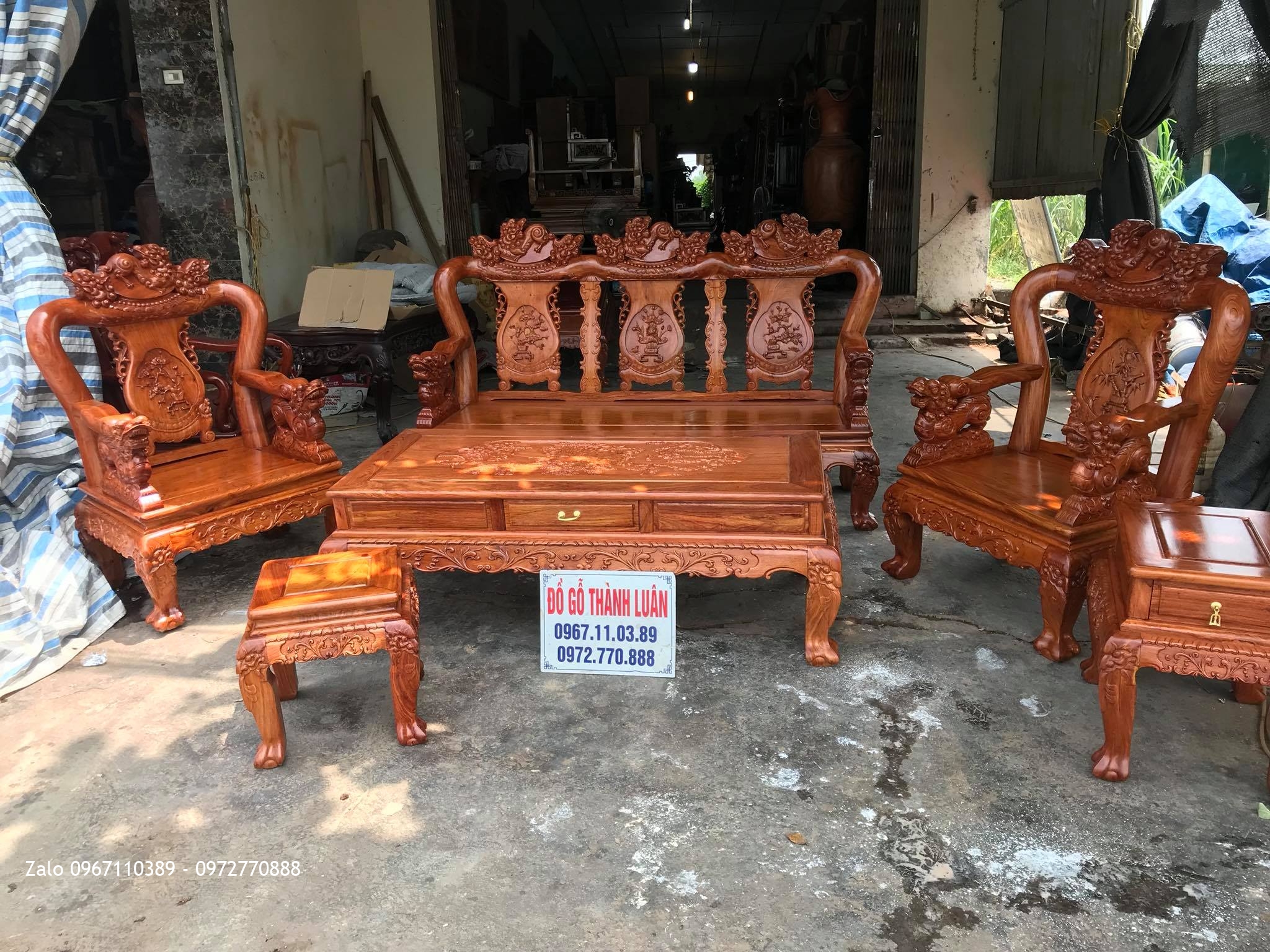 Bộ Bàn Ghế Minh Nghê Gỗ Hương Đá Cột 10.6 Món Víp. Anh Tâm Thường Tín HN