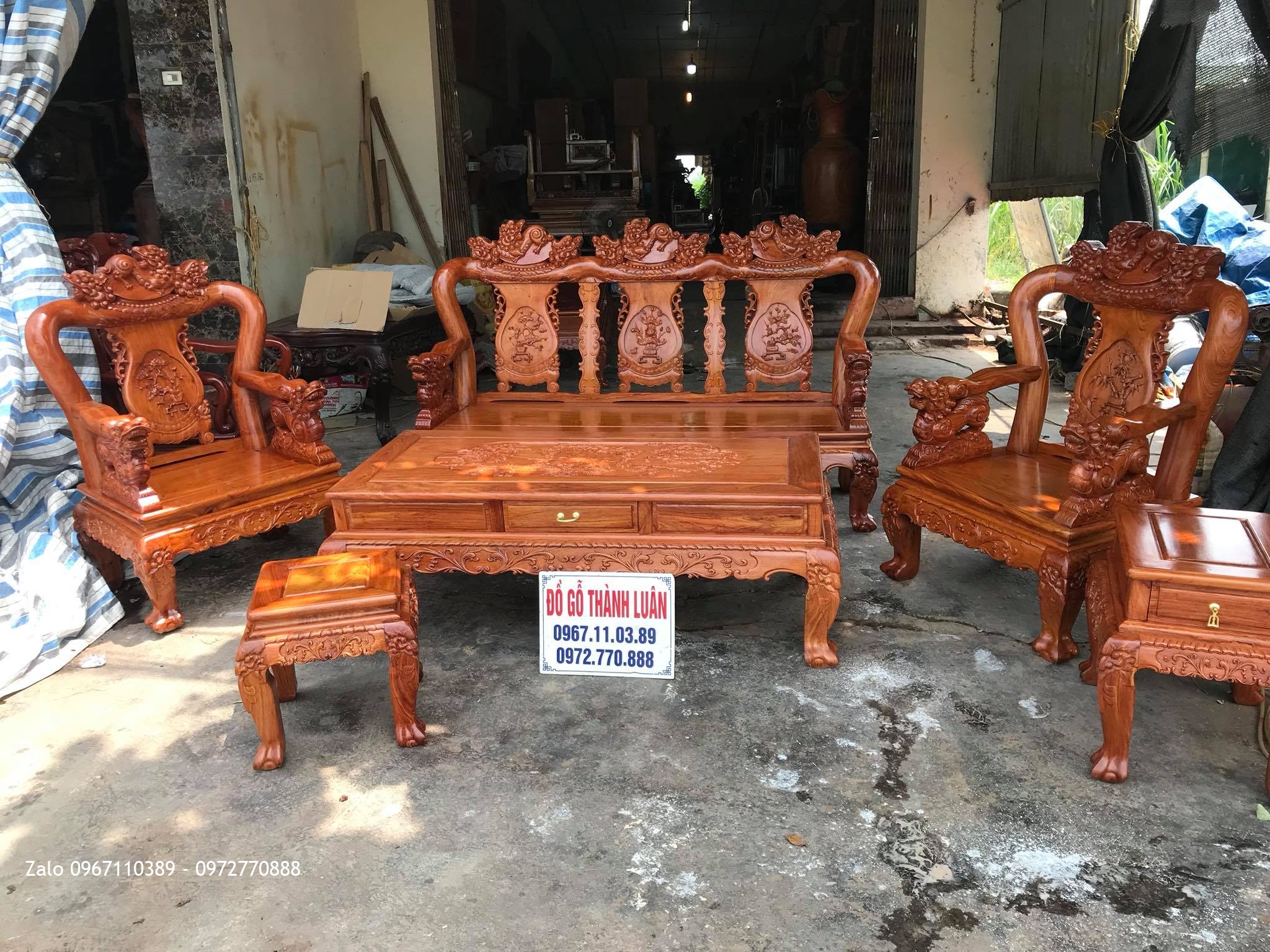 Bộ Bàn Ghế Minh Nghê Gỗ Hương Đá Cột 10.6 Món Víp. Anh Tâm Thường Tín HN