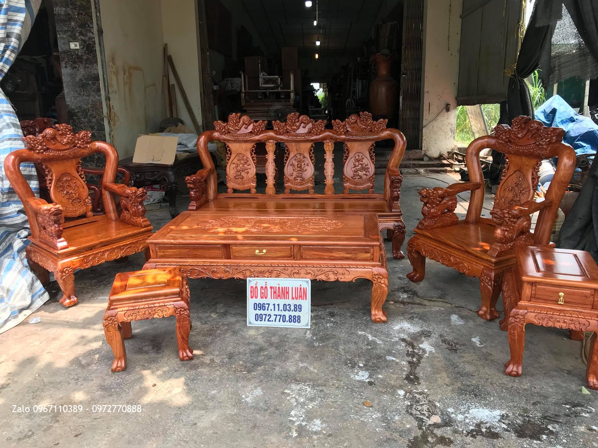 Bộ Bàn Ghế Minh Nghê Gỗ Hương Đá Cột 10.6 Món Víp. Anh Tâm Thường Tín HN