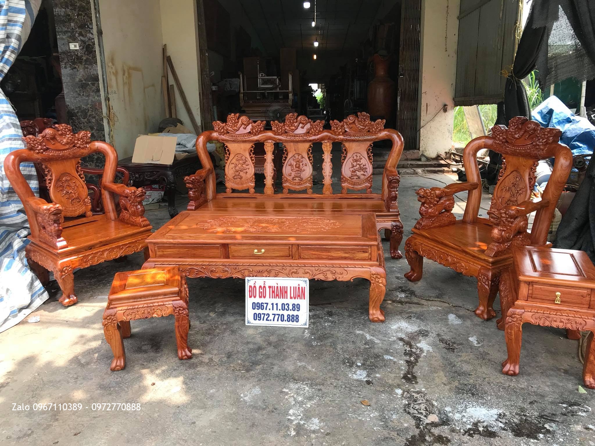 Bộ Bàn Ghế Minh Nghê Gỗ Hương Đá Cột 10.6 Món Víp. Anh Tâm Thường Tín HN