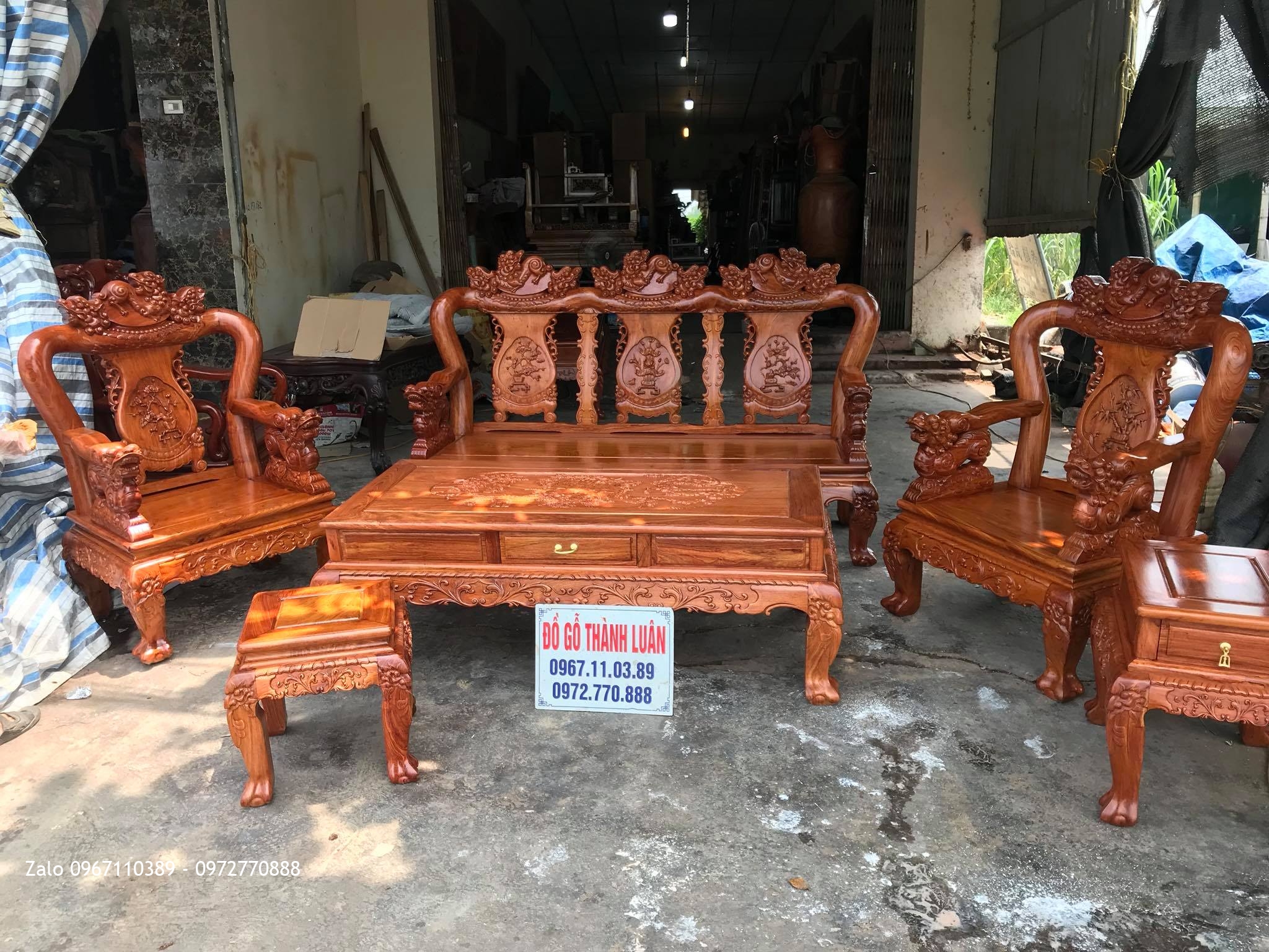 Bộ Bàn Ghế Minh Nghê Gỗ Hương Đá Cột 10.6 Món Víp. Anh Tâm Thường Tín HN