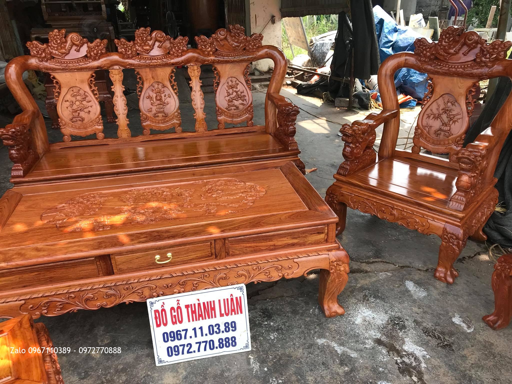 Bộ Bàn Ghế Minh Nghê Gỗ Hương Đá Cột 10.6 Món Víp. Anh Tâm Thường Tín HN,