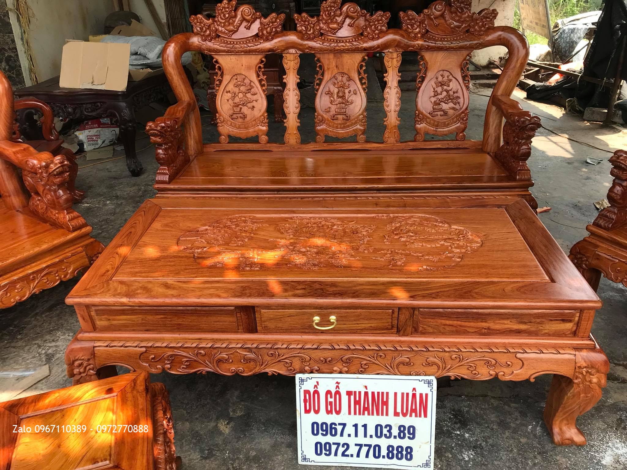 Bộ Bàn Ghế Minh Nghê Gỗ Hương Đá Cột 10.6 Món Víp. Anh Tâm Thường Tín HN,