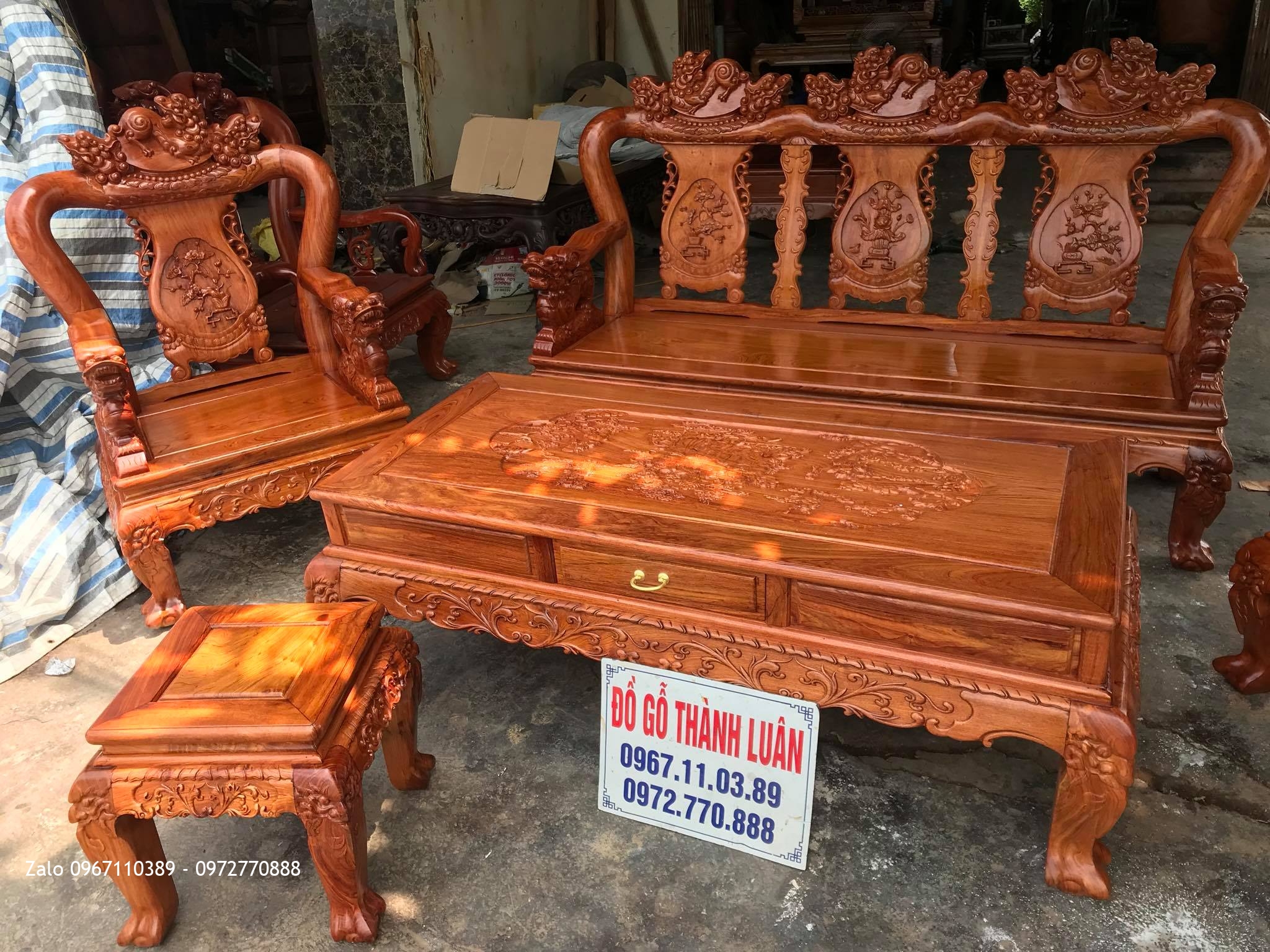 Bộ Bàn Ghế Minh Nghê Gỗ Hương Đá Cột 10.6 Món Víp. Anh Tâm Thường Tín HN.