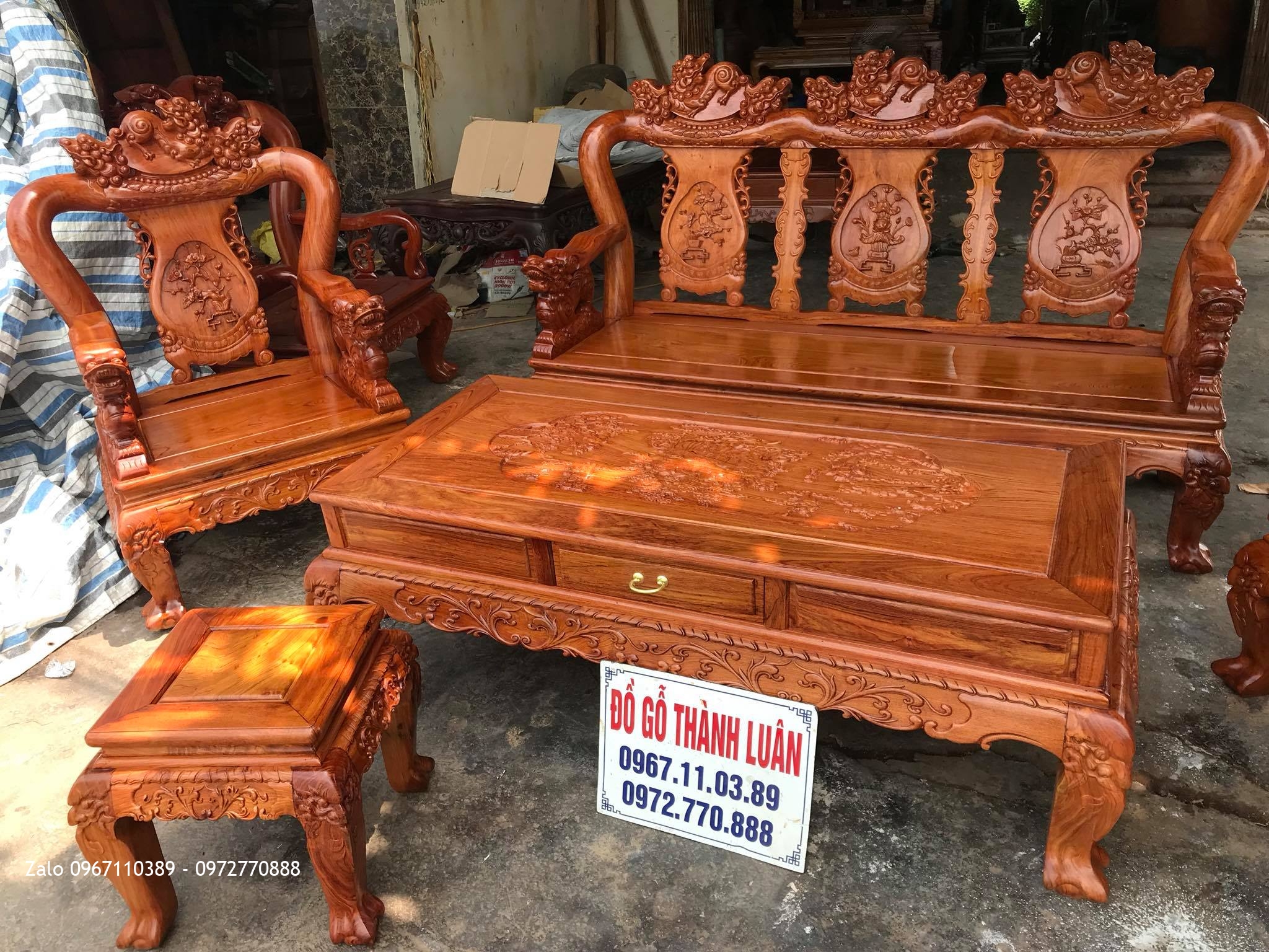 Bộ Bàn Ghế Minh Nghê Gỗ Hương Đá Cột 10.6 Món Víp. Anh Tâm Thường Tín HN.