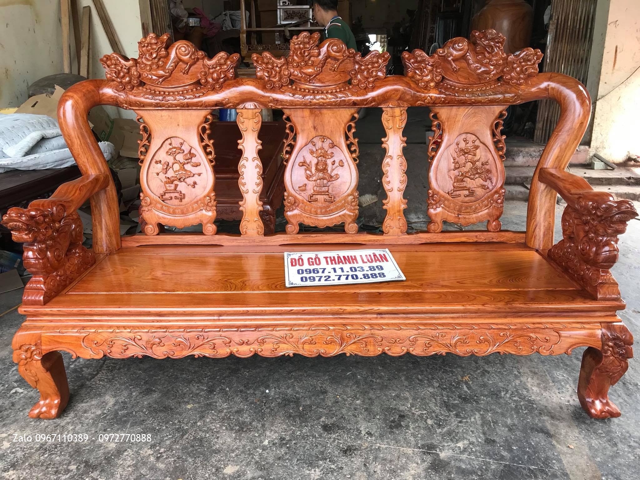 Bộ Bàn Ghế Minh Nghê Gỗ Hương Đá Cột 10.6 Món Víp. Anh Tâm Thường Tín HN..