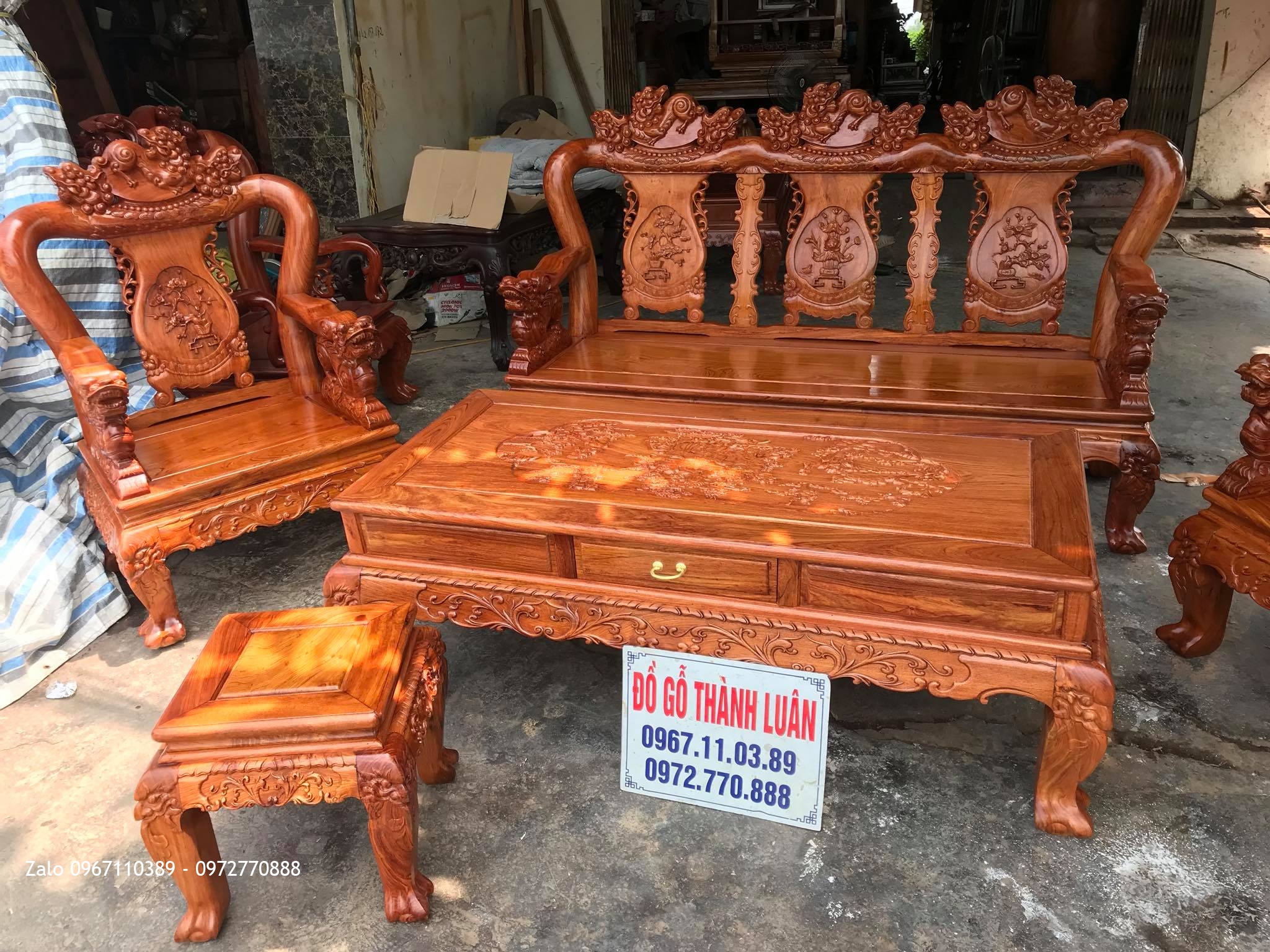 Bộ Bàn Ghế Minh Nghê Gỗ Hương Đá Cột 10.6 Món Víp. Anh Tâm Thường Tín HN.