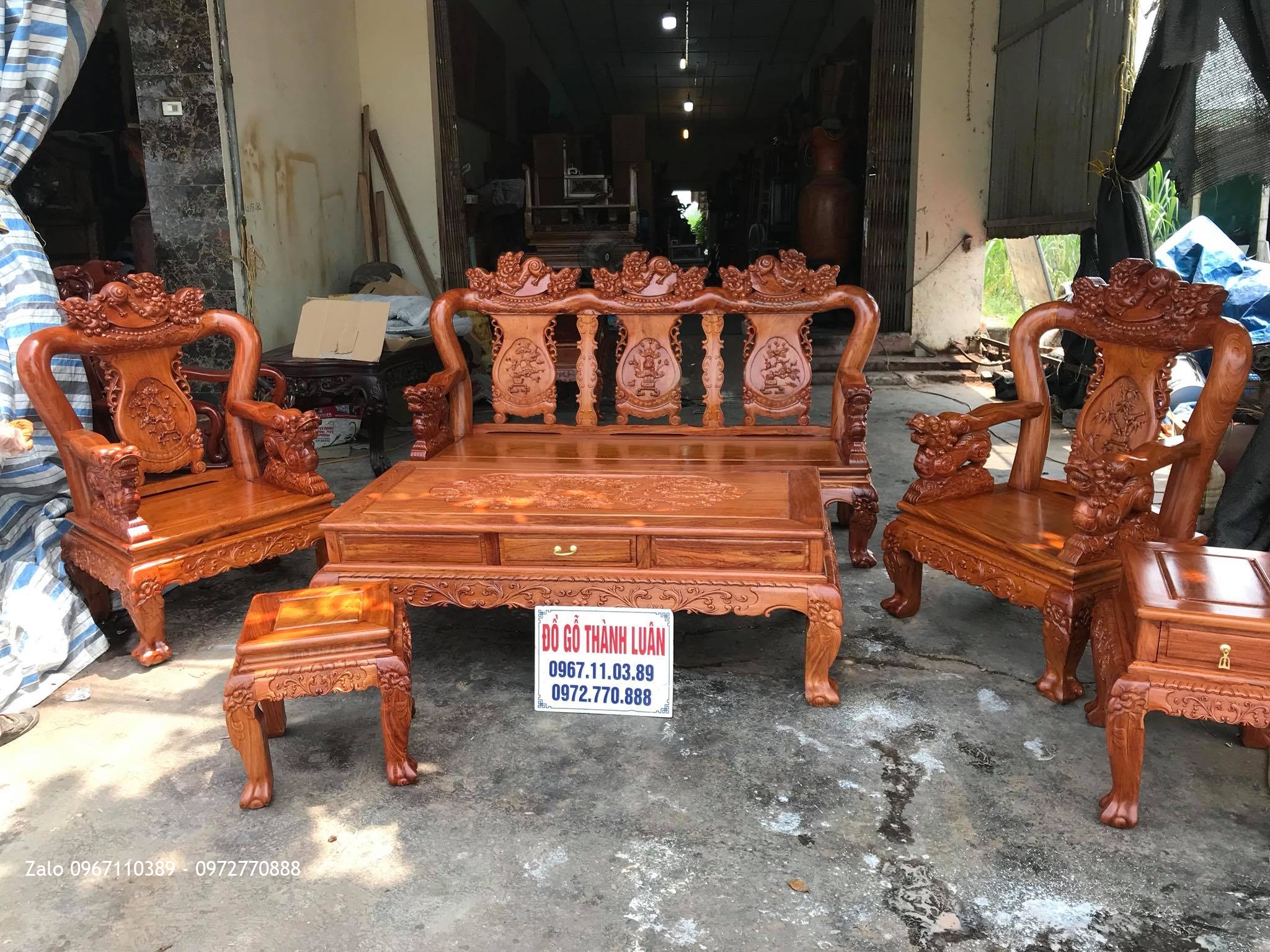 Bộ Bàn Ghế Minh Nghê Gỗ Hương Đá Cột 10.6 Món Víp. Anh Tâm Thường Tín HN