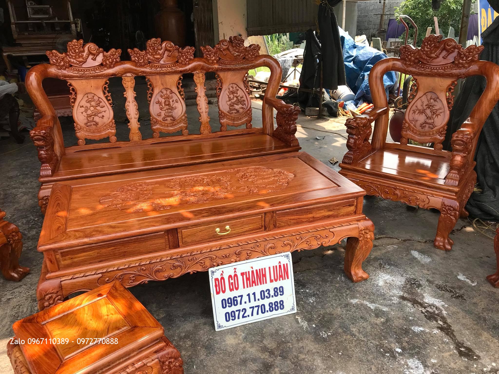 Bộ Bàn Ghế Minh Nghê Gỗ Hương Đá Cột 10.6 Món Víp. Anh Tâm Thường Tín HN: