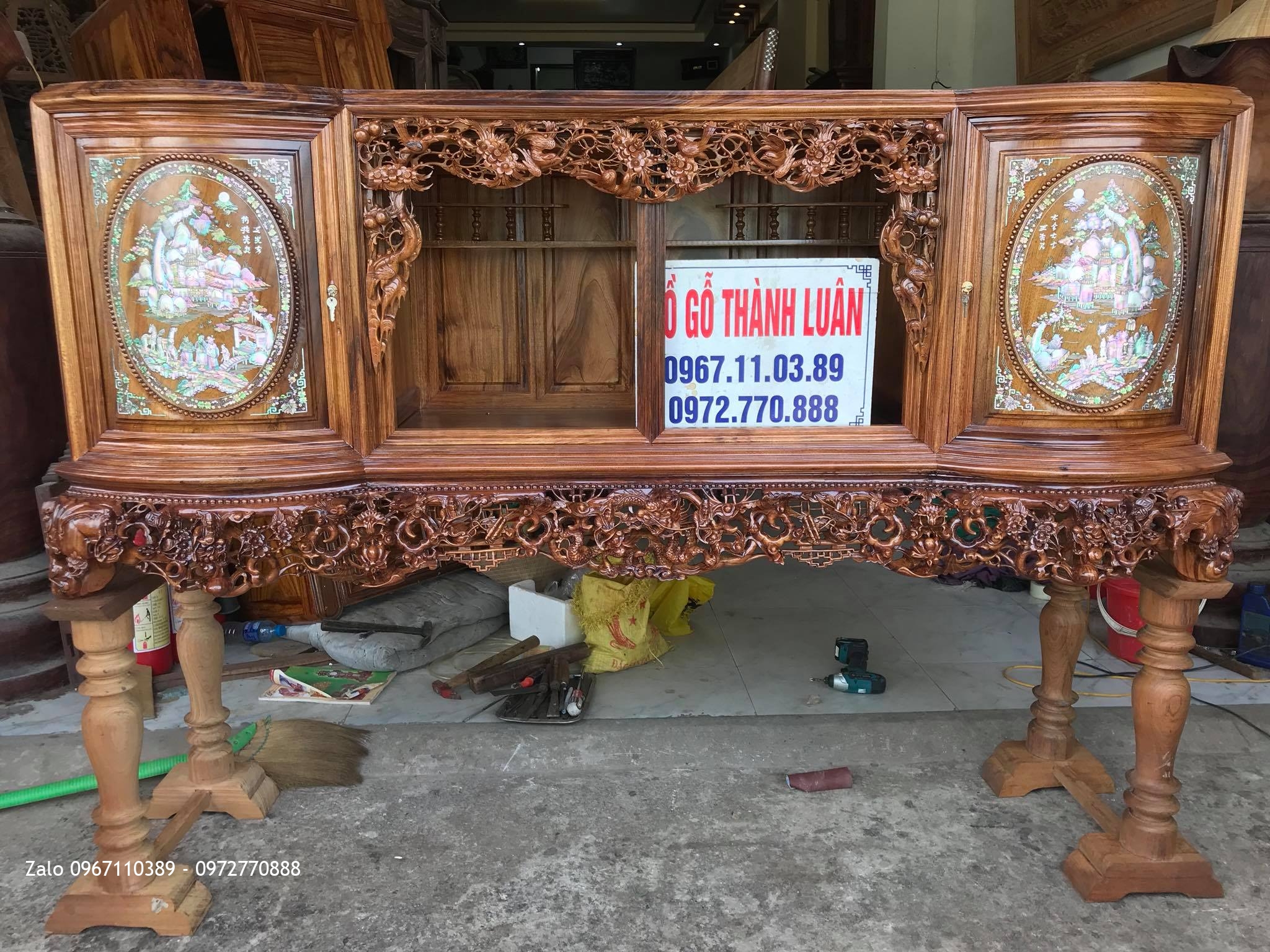 Tủ Chè Gỗ Gụ Ta Quảng Bình Víp. Bệ Bát Tiên, Lèo Mai Điểu. Khách Hưng Yên