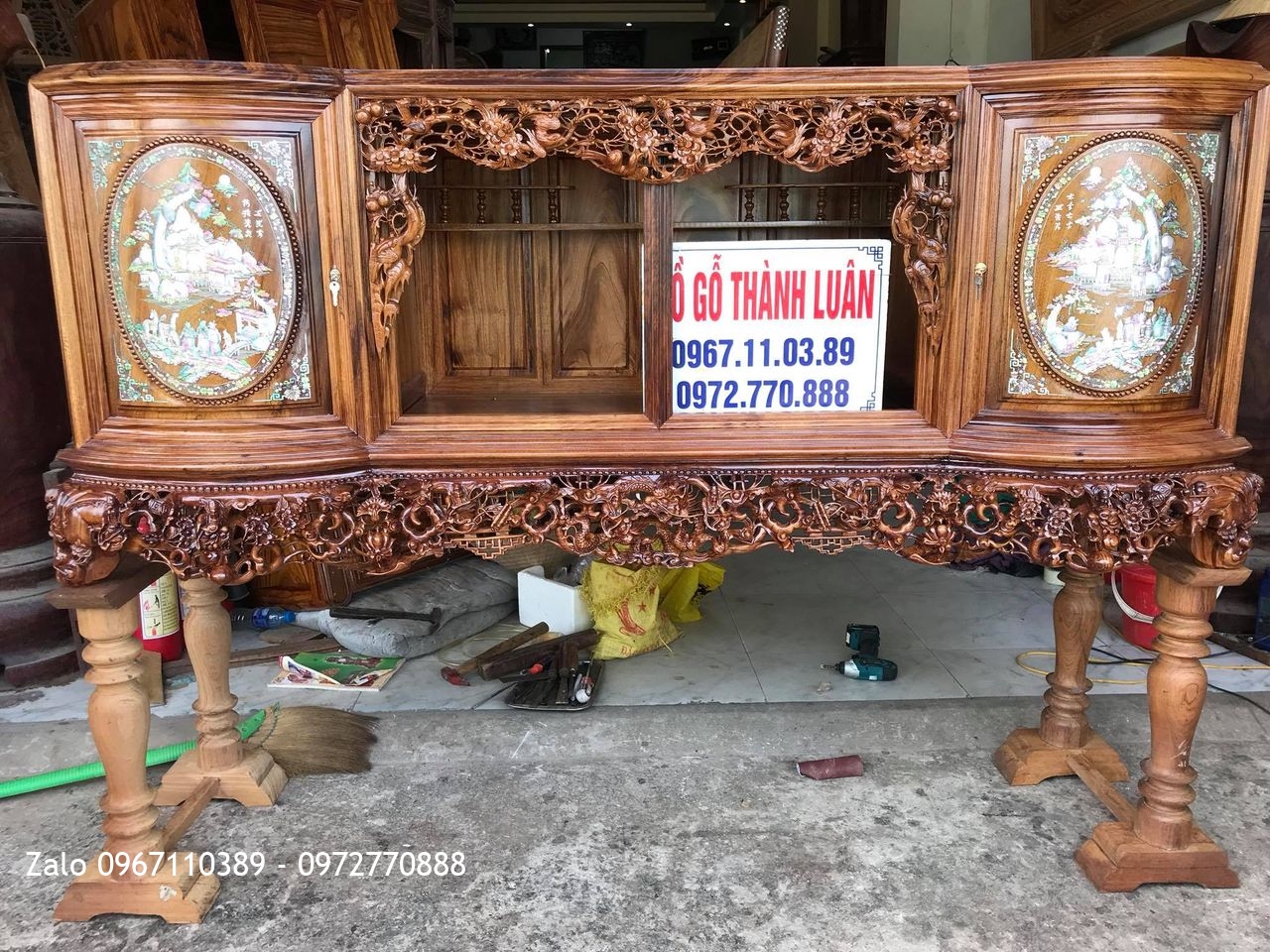 Tủ Chè Gỗ Gụ Ta Quảng Bình Víp. Bệ Bát Tiên, Lèo Mai Điểu. Khách Hưng Yên
