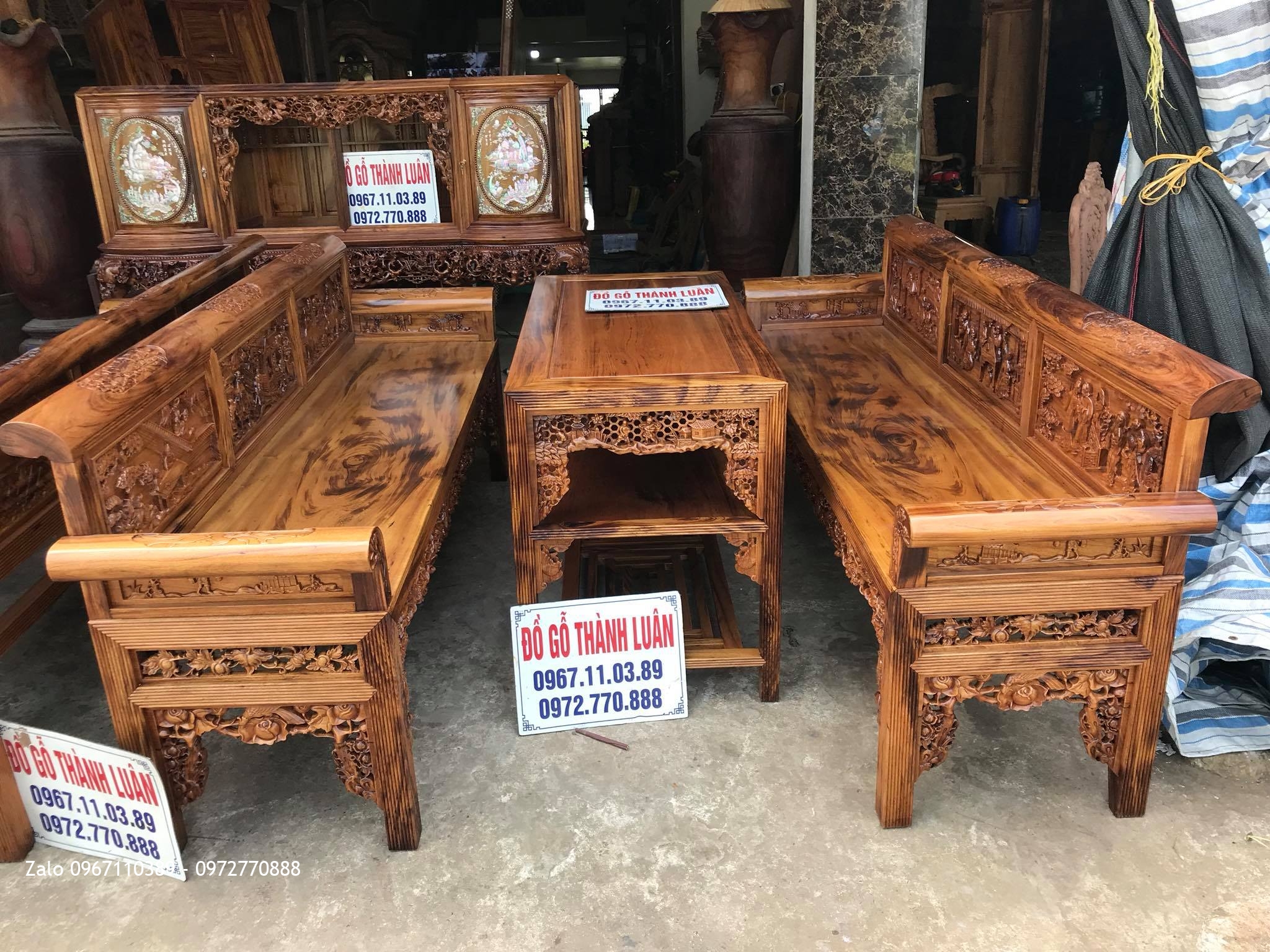 2 Bộ Trường Kỷ Tam Quốc .Tủ Chè Gỗ Gụ Ta Vân Vip. Khách Hàng Khoái Châu Hưng Yên