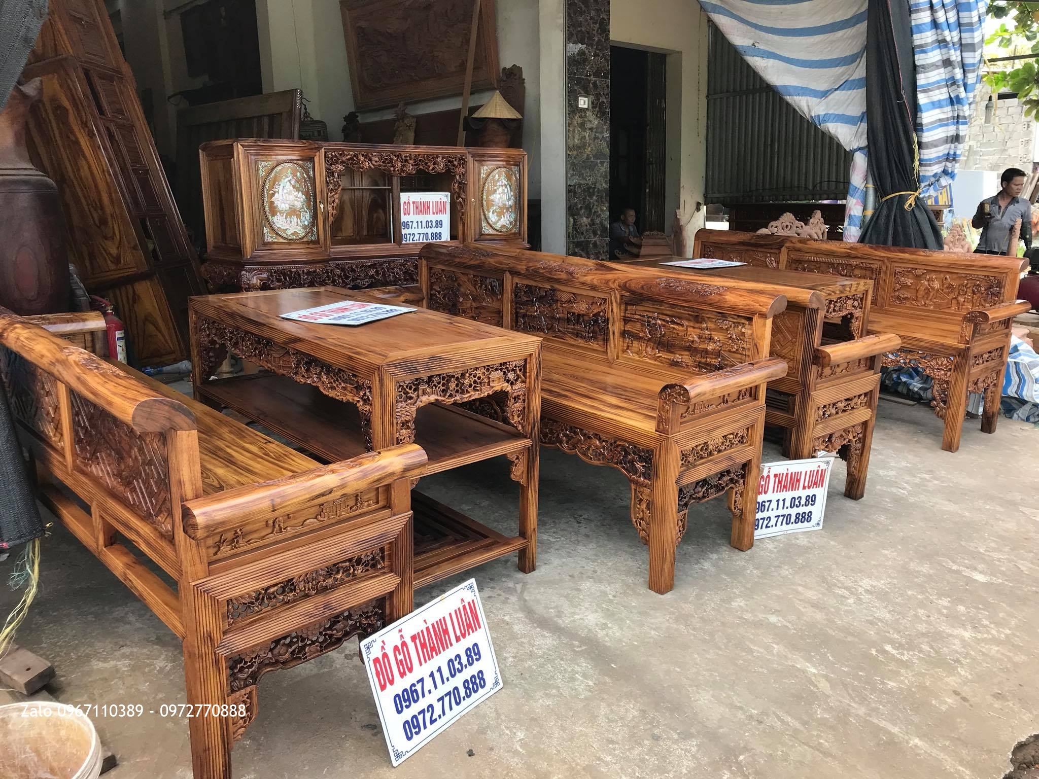 2 Bộ Trường Kỷ Tam Quốc .Tủ Chè Gỗ Gụ Ta Vân Vip. Khách Hàng Khoái Châu Hưng Yên.