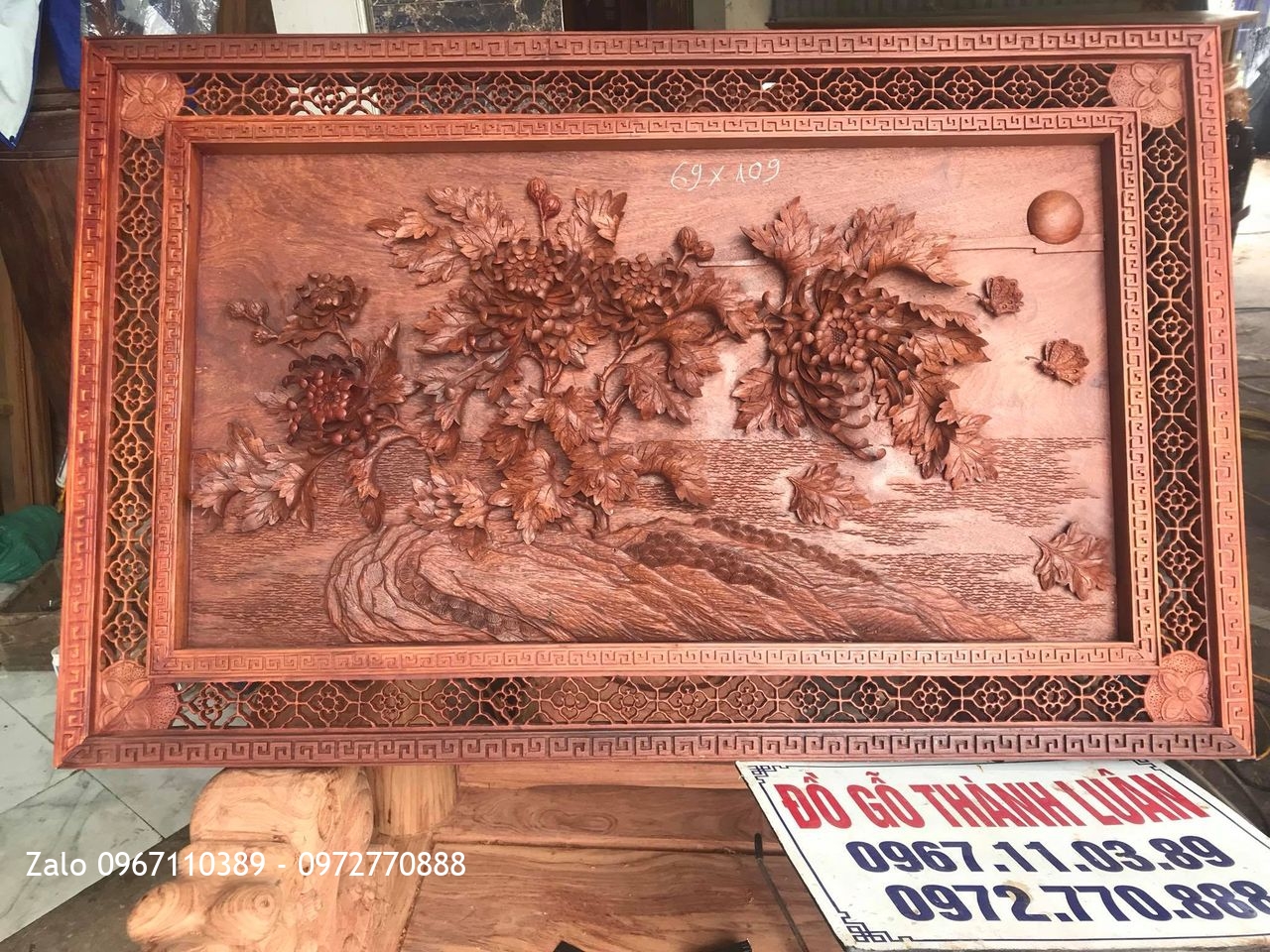Tuyệt Phẩm Tranh Hoa Cúc Gỗ Hương Đỏ Lào.1m09x69