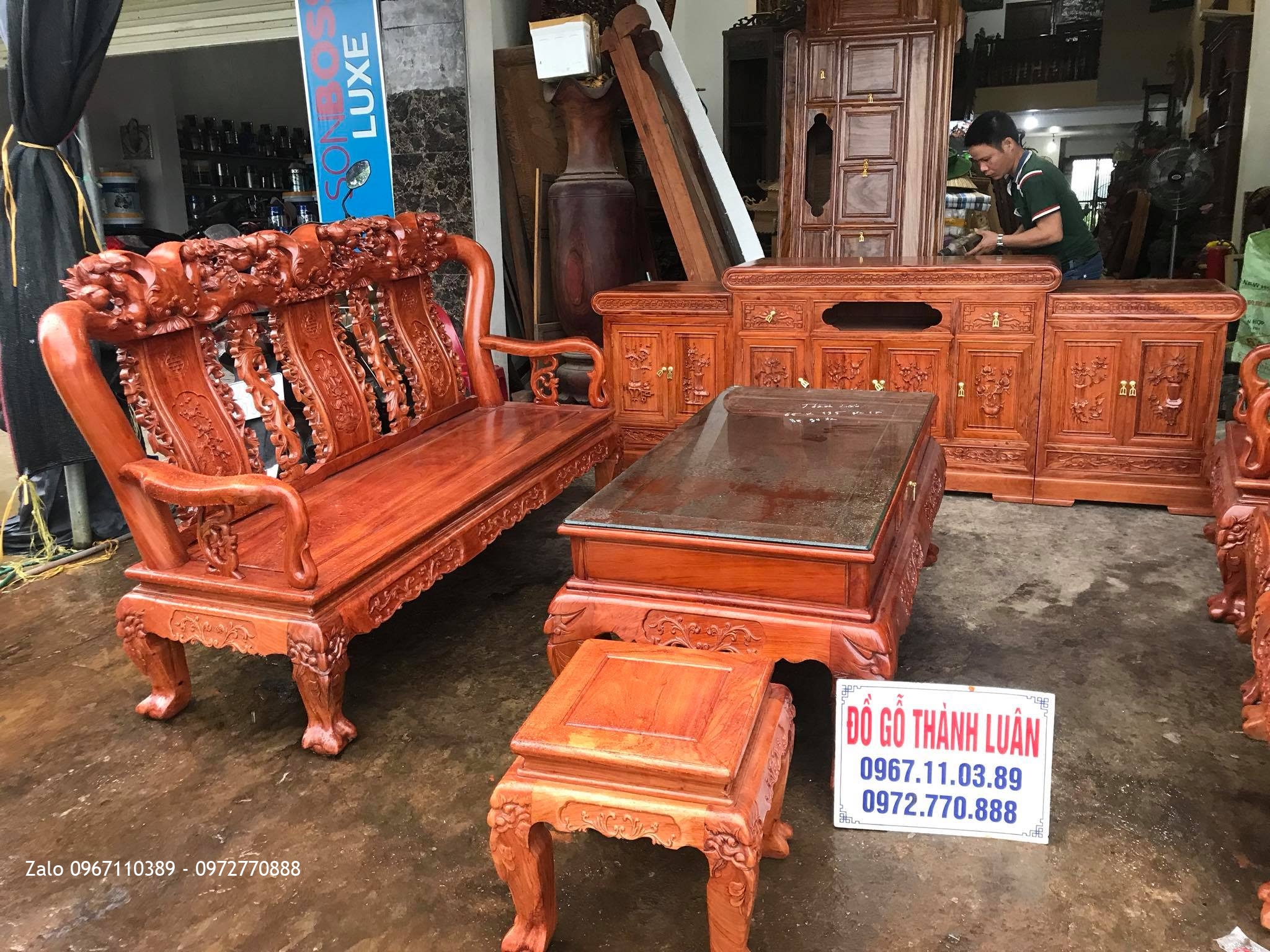 Bộ Nội Thất Phòng Khách Gỗ Hương Đá, Kệ Tivi, Chú Thi - Việt Trì, Hà Nội