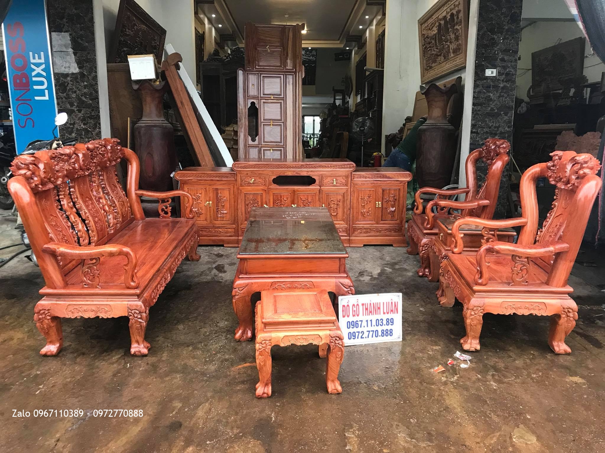 Bộ Nội Thất Phòng Khách Gỗ Hương Đá, Kệ Tivi, Chú Thi - Việt Trì, Hà Nội