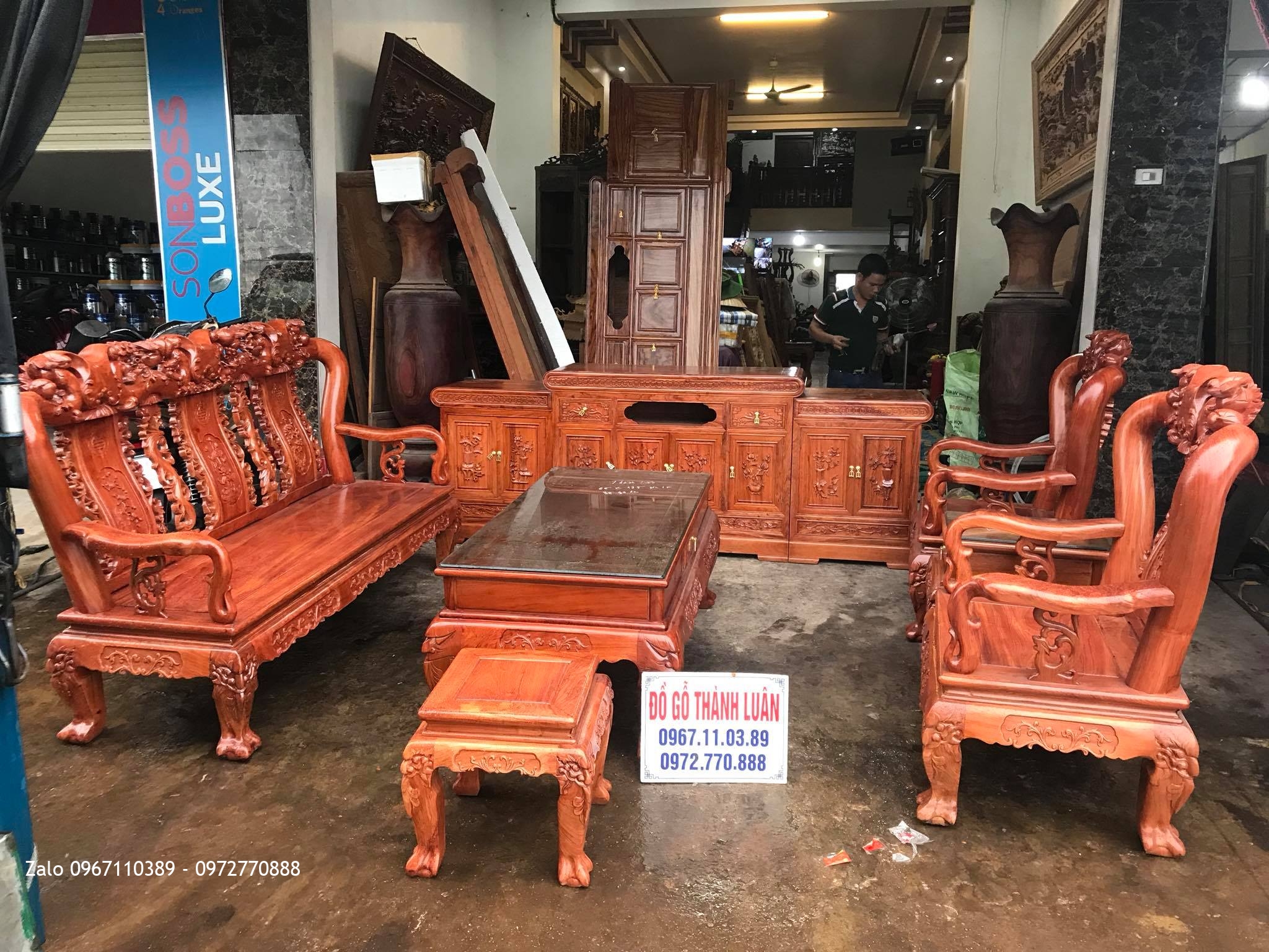 Bộ Nội Thất Phòng Khách Gỗ Hương Đá, Kệ Tivi, Chú Thi - Việt Trì, Hà Nội