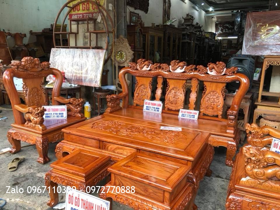 Bộ Ghế Minh Quốc Nghê Gỗ Hương Đá cột 12. 6 Món, Khách Hải Phòng,.