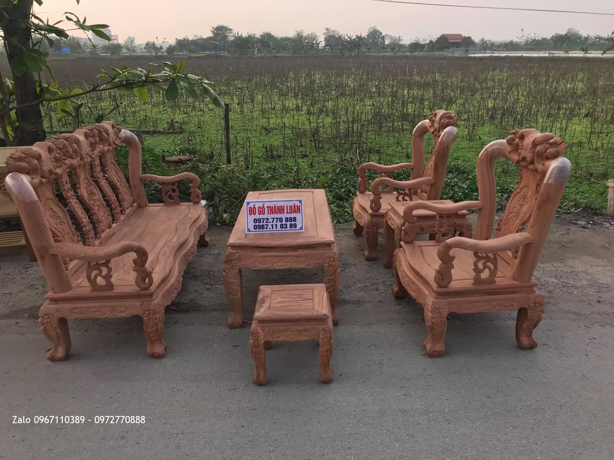 Bộ Ghế Minh Quốc Đào Chim Cột 10  Yếm Cong Gỗ Hương Đá Chọn Vân. 6 Món