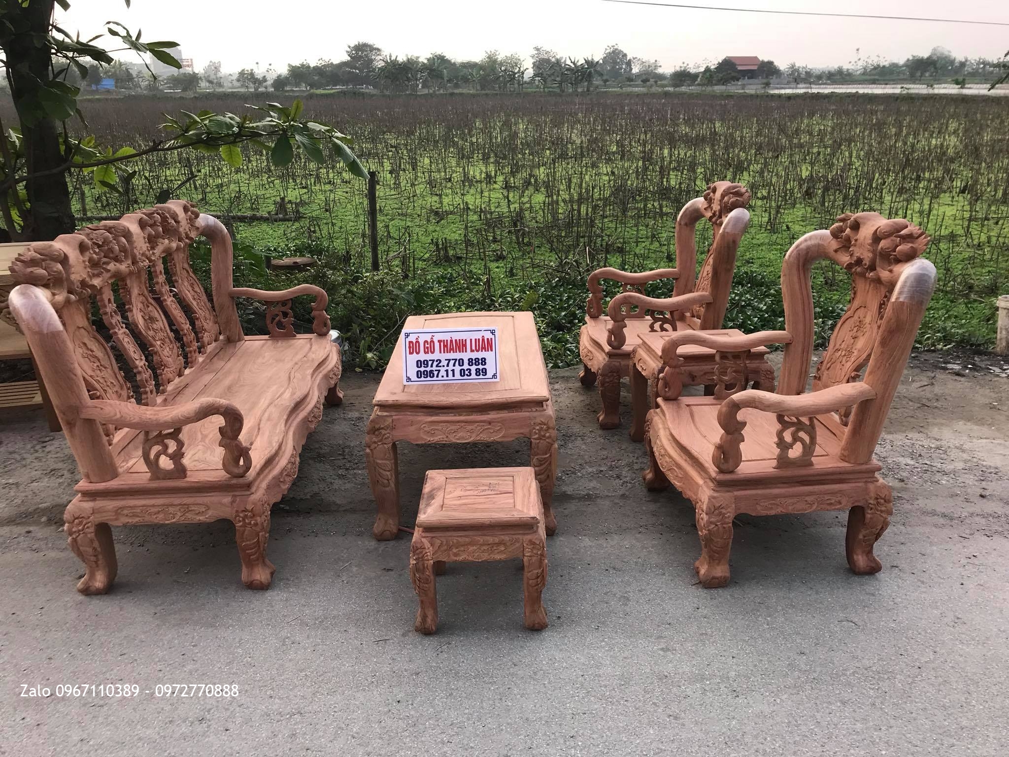 Bộ Ghế Minh Quốc Đào Chim Cột 10  Yếm Cong Gỗ Hương Đá Chọn Vân. 6 Món