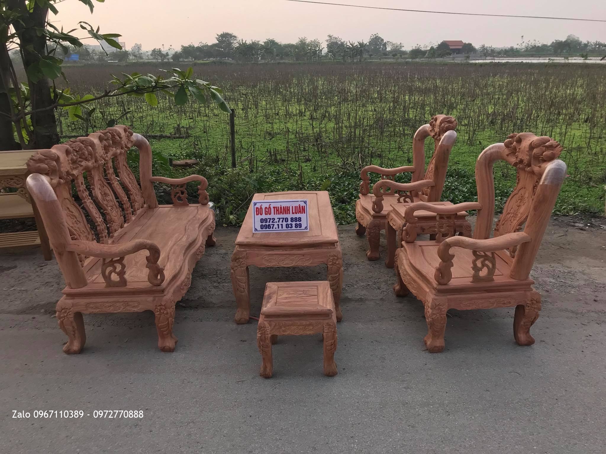 Bộ Ghế Minh Quốc Đào Chim Cột 10  Yếm Cong Gỗ Hương Đá Chọn Vân. 6 Món