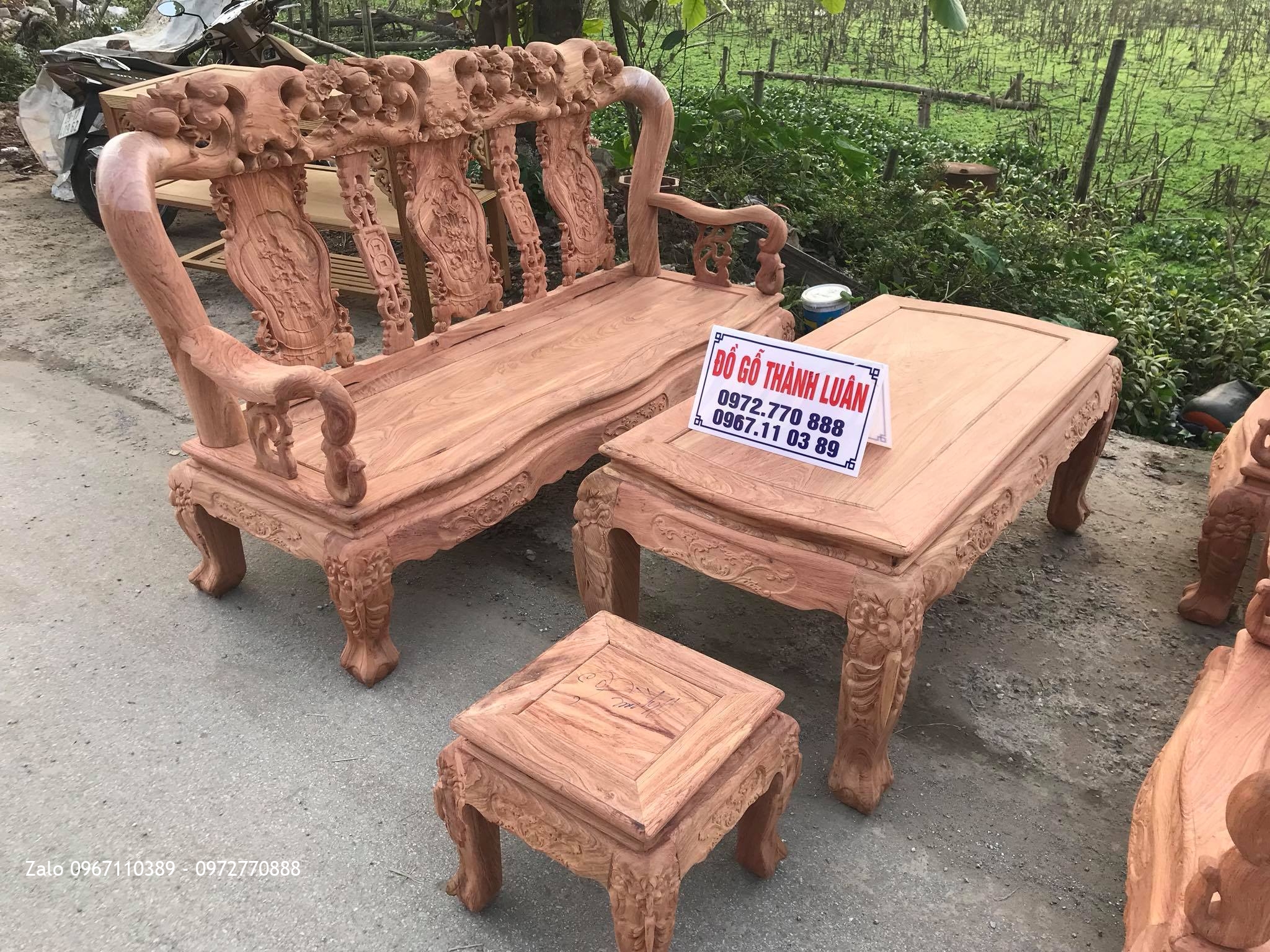 Bộ Ghế Minh Quốc Đào Chim Cột 10  Yếm Cong Gỗ Hương Đá Chọn Vân. 6 Món.