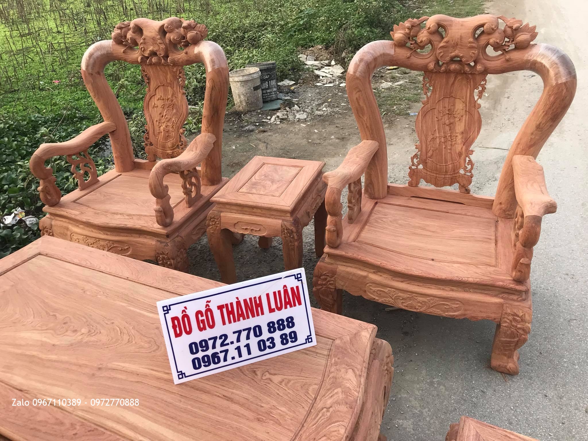 Bộ Ghế Minh Quốc Đào Chim Cột 10  Yếm Cong Gỗ Hương Đá Chọn Vân. 6 Món.,