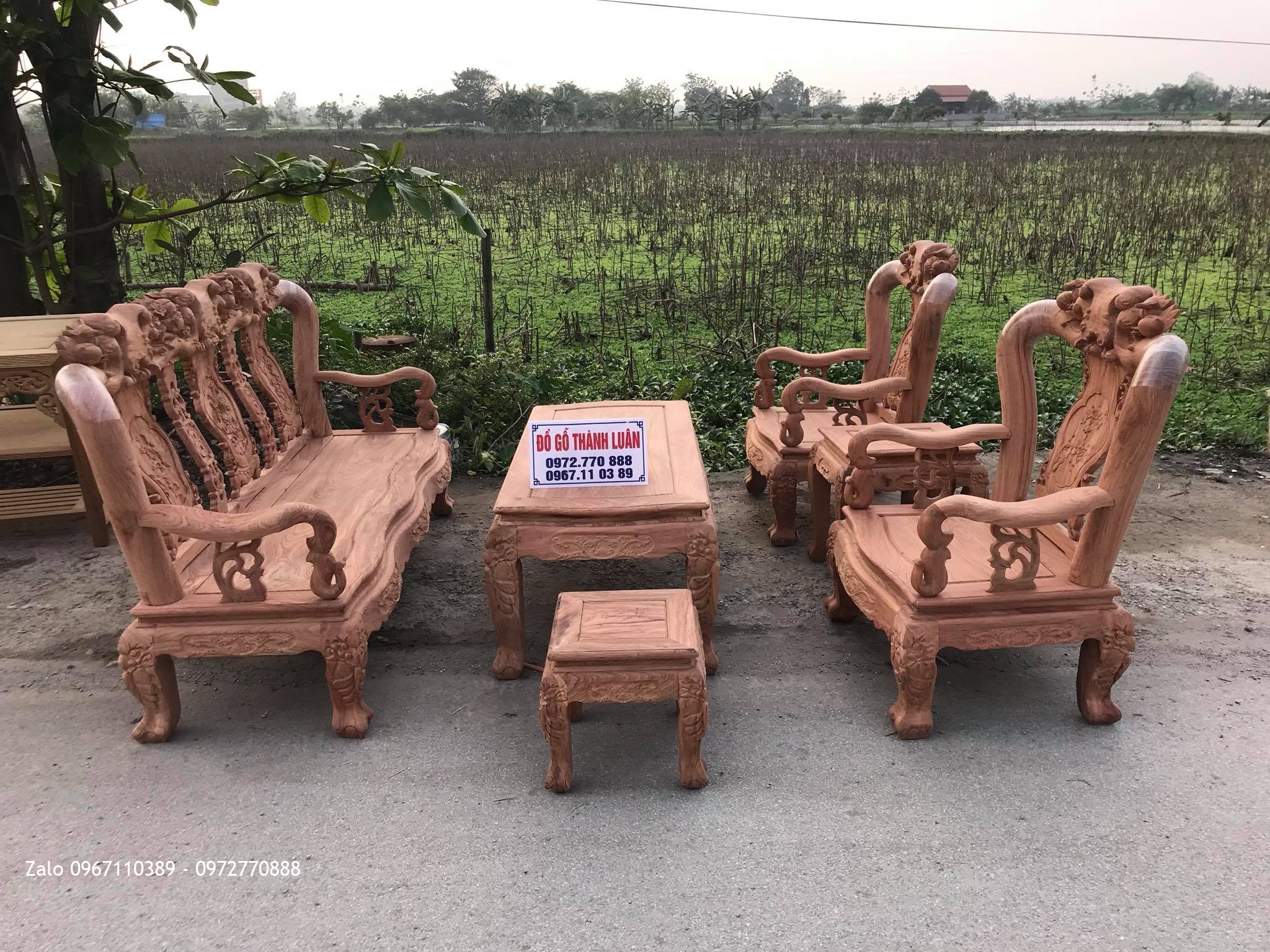 Bộ Ghế Minh Quốc Đào Chim Cột 10  Yếm Cong Gỗ Hương Đá Chọn Vân. 6 Món