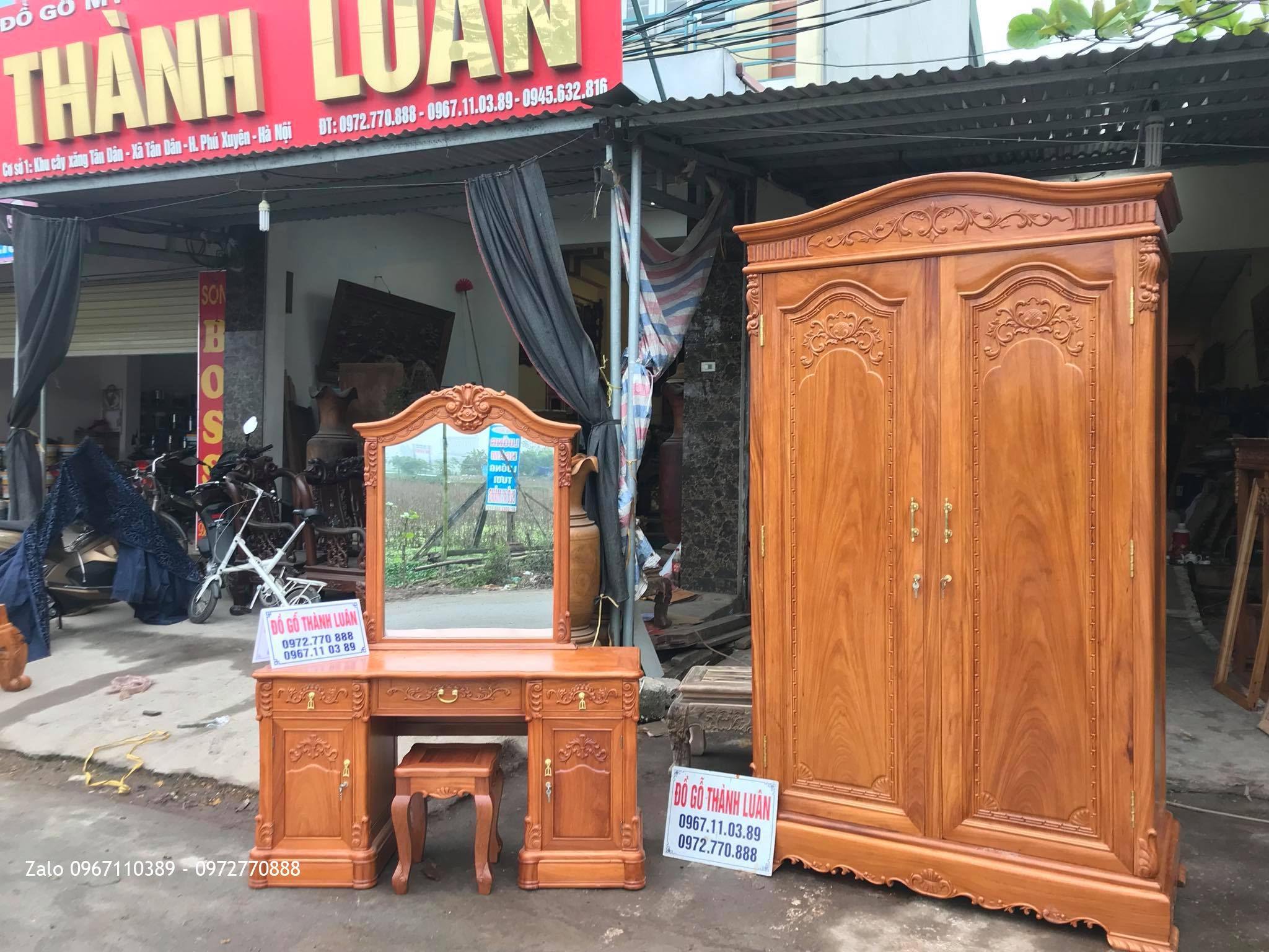 Tủ Áo 2 Buồng, Bàn Trang Điểm Mẫu Bông Lúa Gỗ Gõ Đỏ, C Thanh- Vân Đình