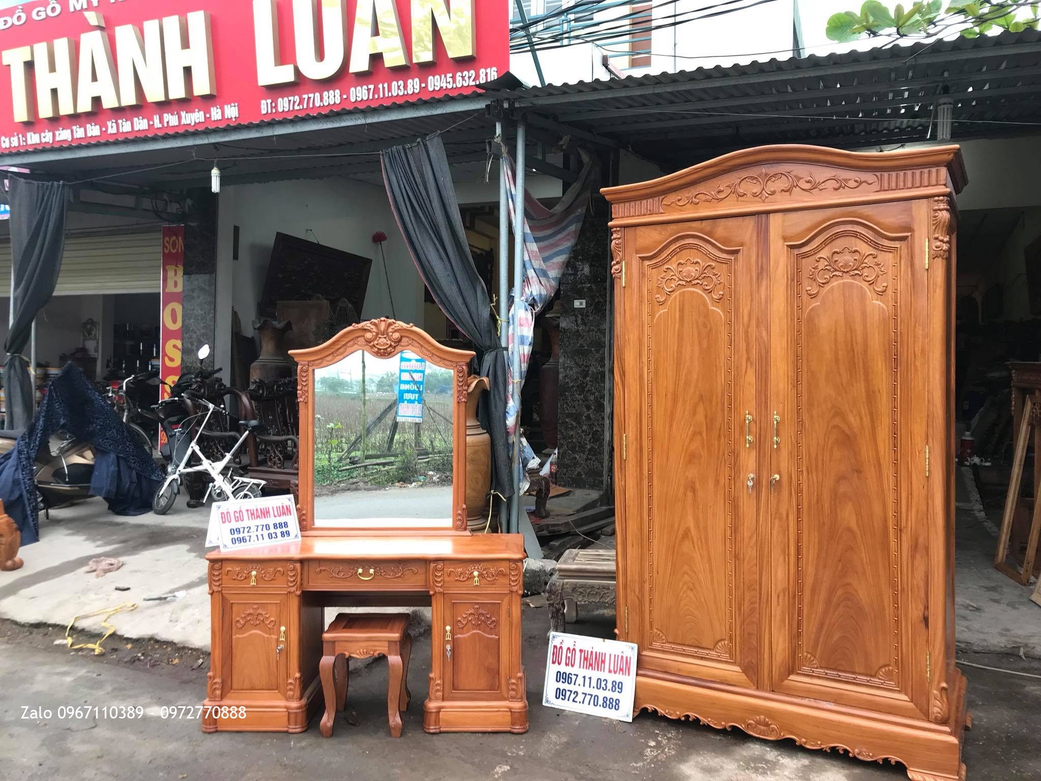 Tủ Áo 2 Buồng, Bàn Trang Điểm Mẫu Bông Lúa Gỗ Gõ Đỏ, C Thanh- Vân Đình