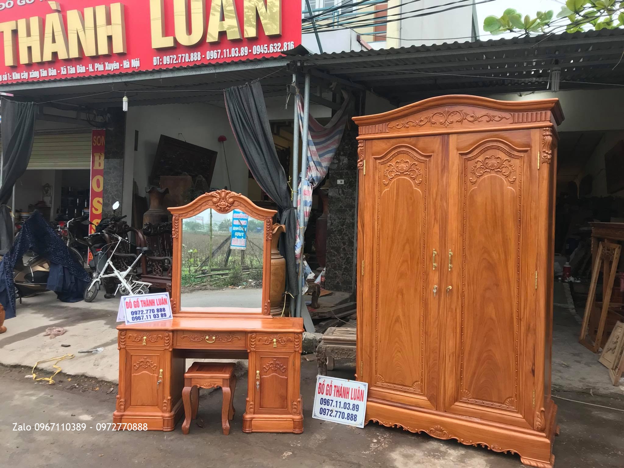 Tủ Áo 2 Buồng, Bàn Trang Điểm Mẫu Bông Lúa Gỗ Gõ Đỏ, C Thanh- Vân Đình