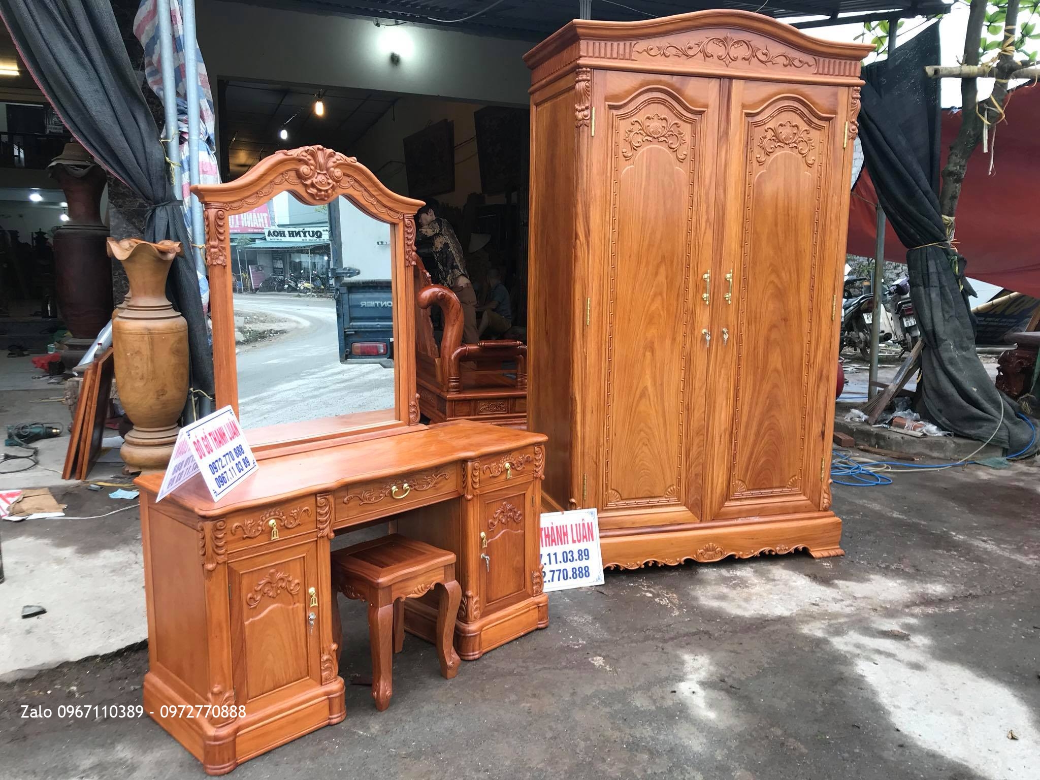 Tủ Áo 2 Buồng, Bàn Trang Điểm Mẫu Bông Lúa Gỗ Gõ Đỏ, C Thanh- Vân Đình,