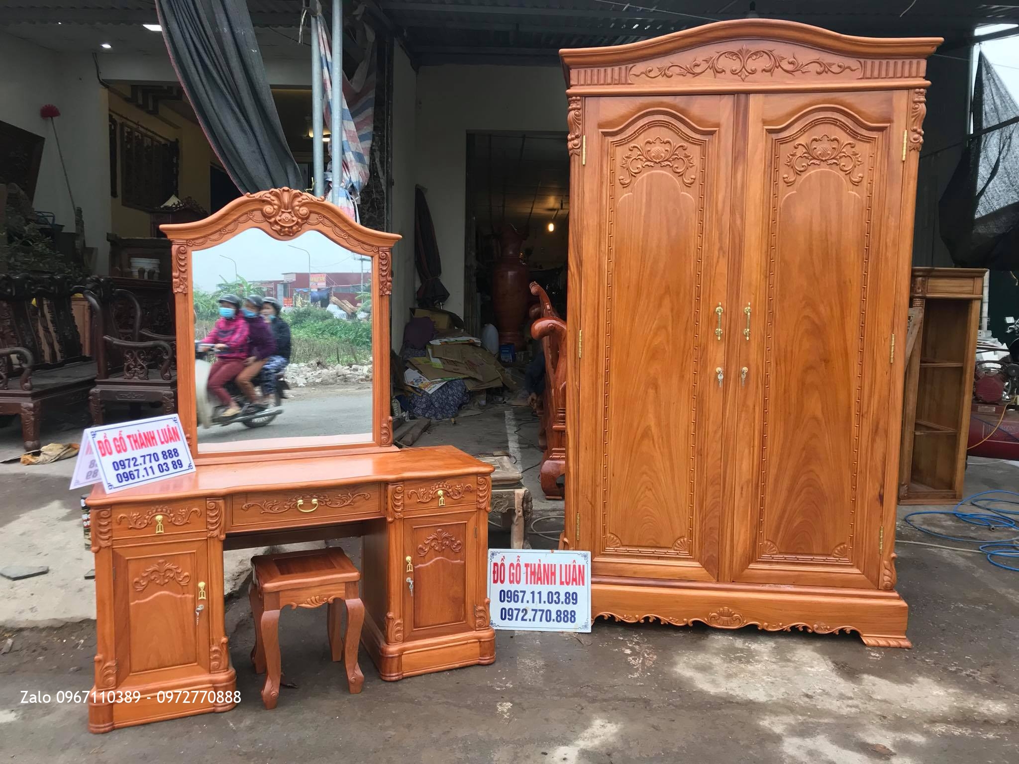 Tủ Áo 2 Buồng, Bàn Trang Điểm Mẫu Bông Lúa Gỗ Gõ Đỏ, C Thanh- Vân Đình,