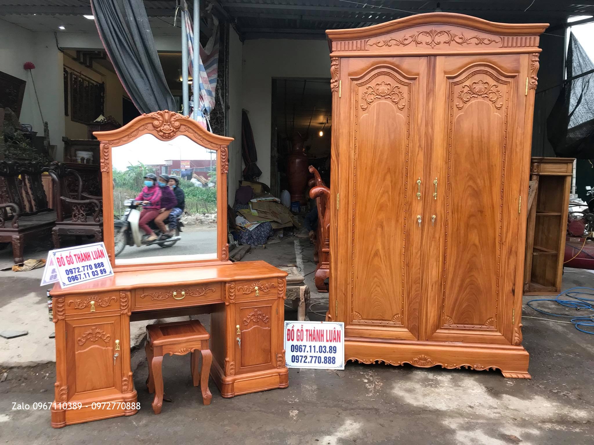 Tủ Áo 2 Buồng, Bàn Trang Điểm Mẫu Bông Lúa Gỗ Gõ Đỏ, C Thanh- Vân Đình,