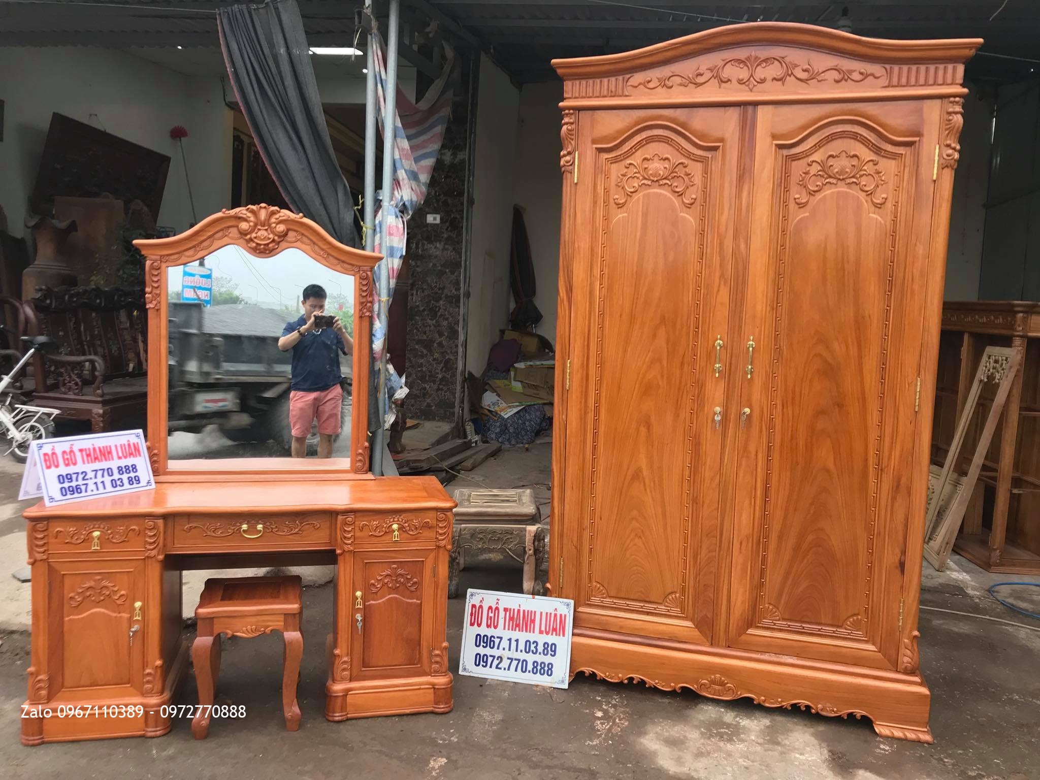 Tủ Áo 2 Buồng, Bàn Trang Điểm Mẫu Bông Lúa Gỗ Gõ Đỏ, C Thanh- Vân Đình.
