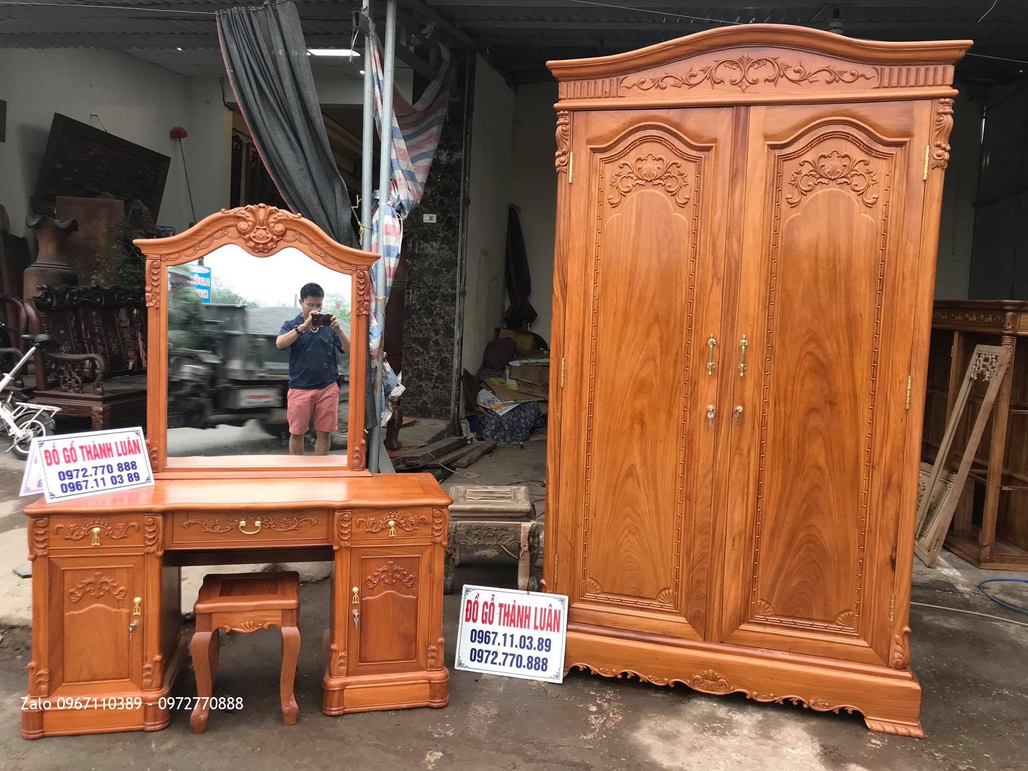 Tủ Áo 2 Buồng, Bàn Trang Điểm Mẫu Bông Lúa Gỗ Gõ Đỏ, C Thanh- Vân Đình.