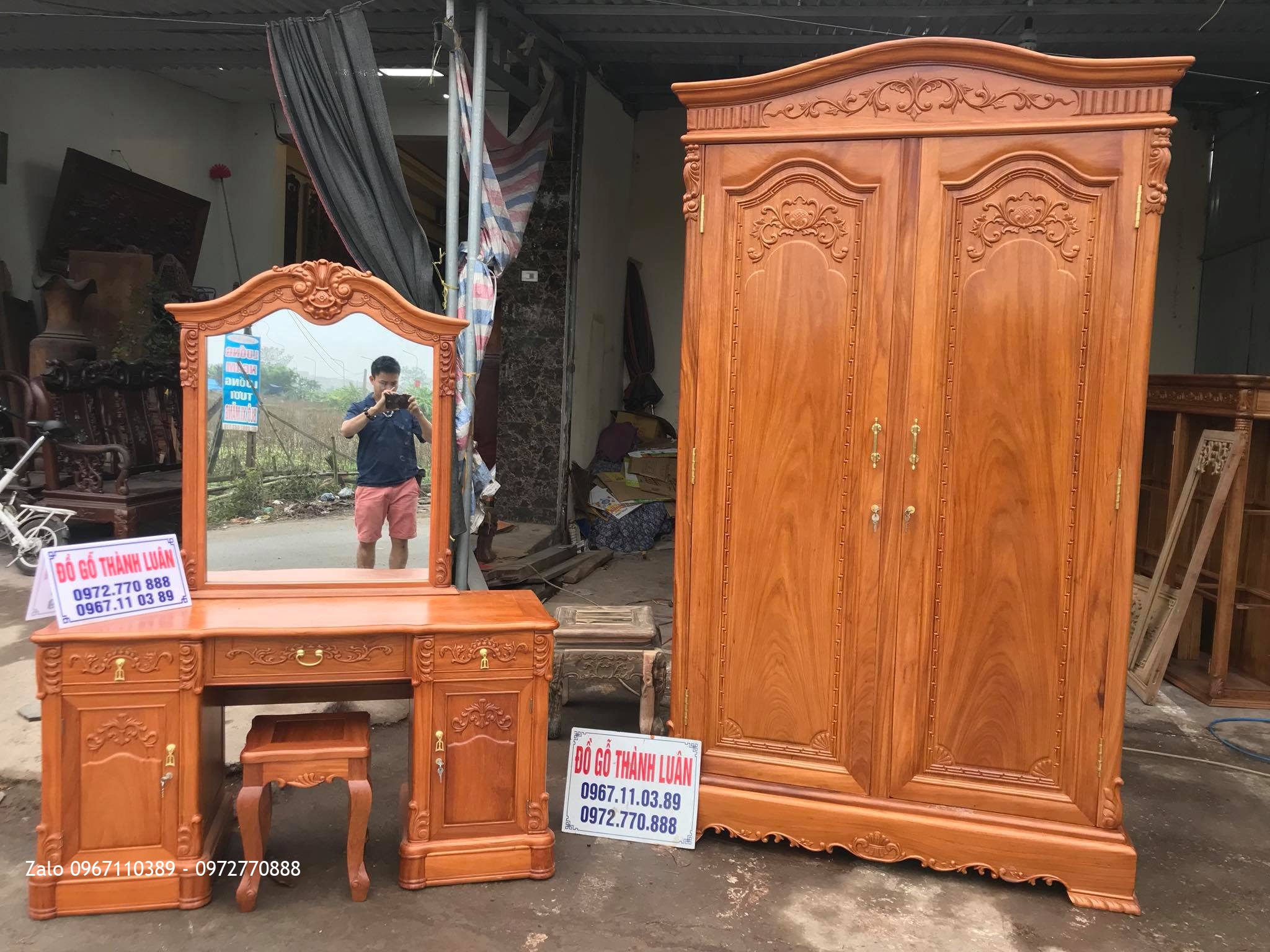 Tủ Áo 2 Buồng, Bàn Trang Điểm Mẫu Bông Lúa Gỗ Gõ Đỏ, C Thanh- Vân Đình.