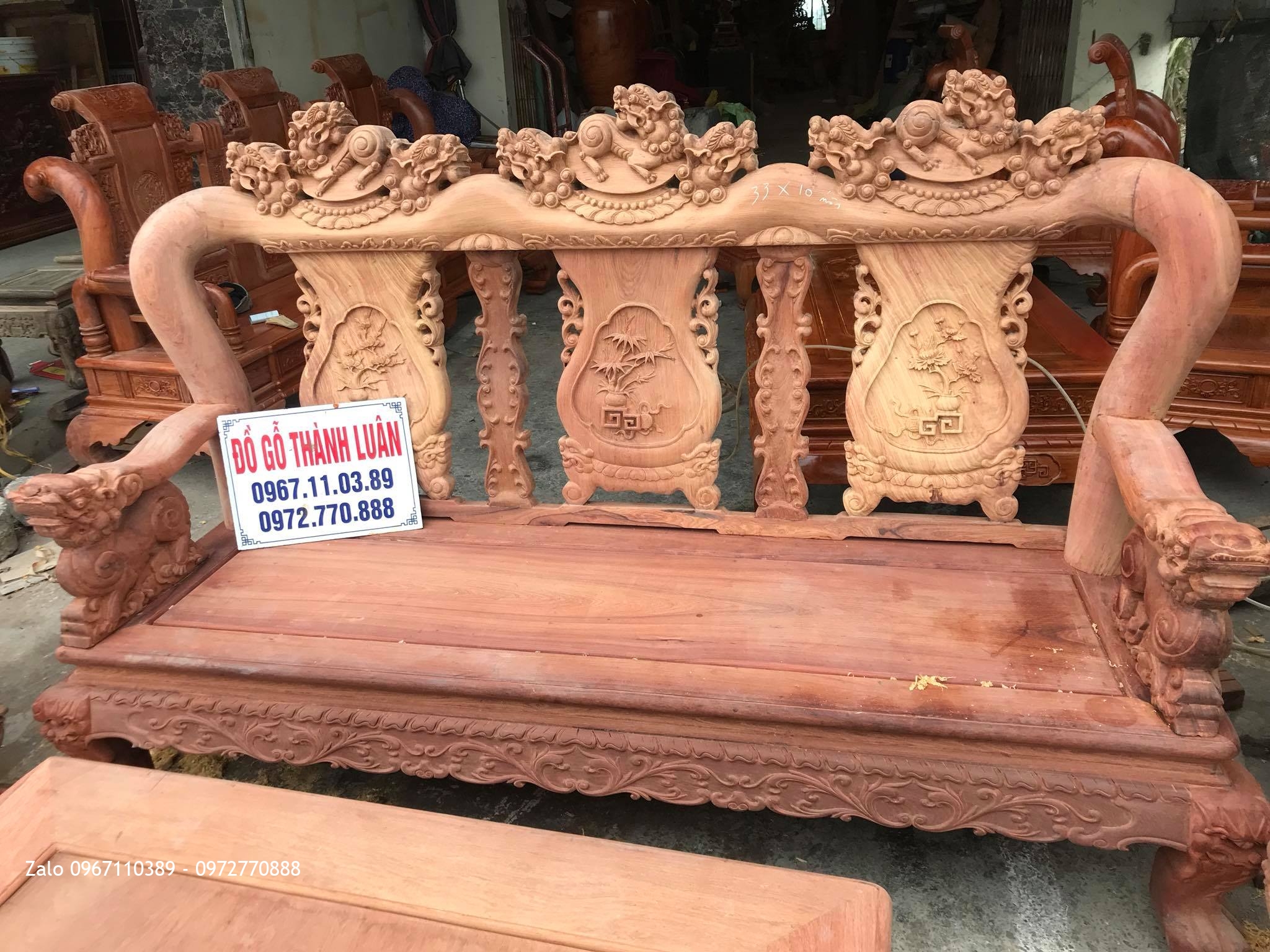 Bộ Bàn Ghế Minh Quốc Nghê Gỗ Hương Đỏ Lào VÍP.Cột.10 Món,