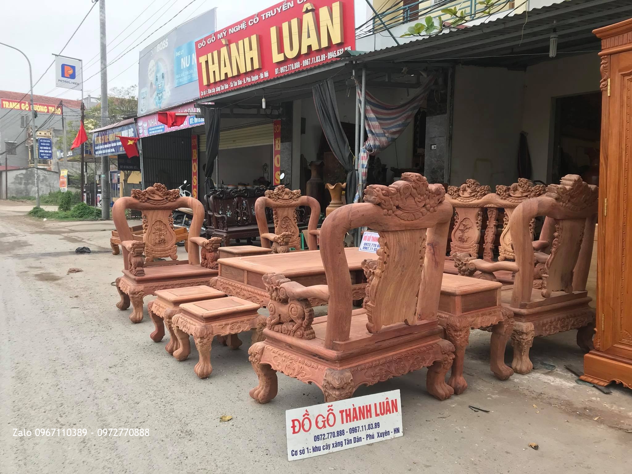 Bộ Bàn Ghế Minh Quốc Nghê Gỗ Hương Đỏ Lào VÍP.Cột.10 Món.