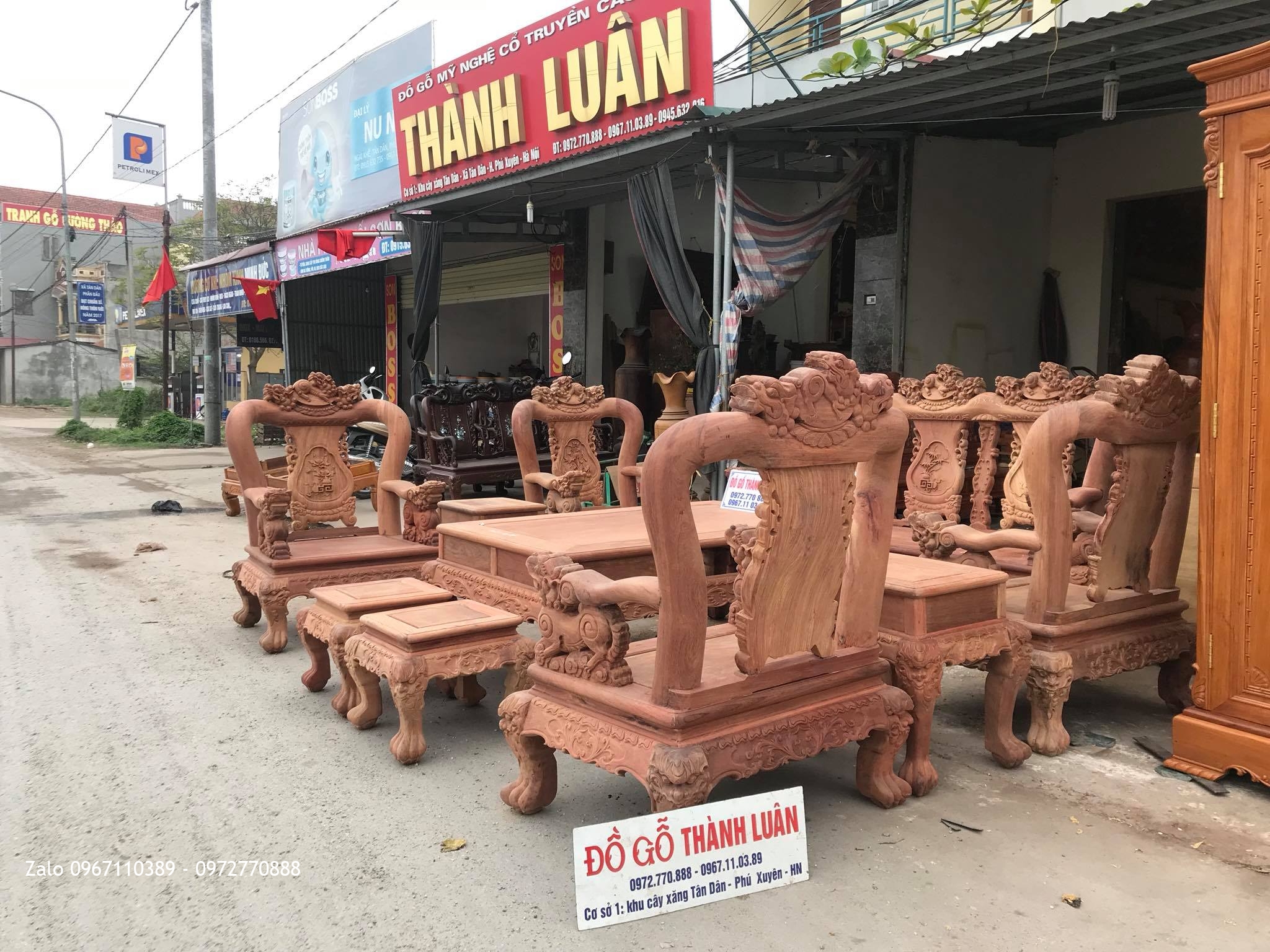 Bộ Bàn Ghế Minh Quốc Nghê Gỗ Hương Đỏ Lào VÍP.Cột.10 Món.