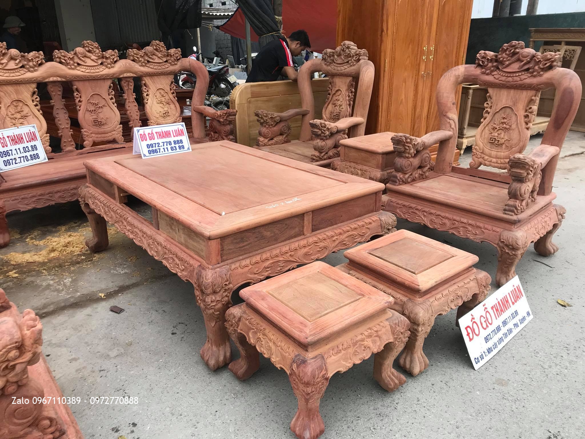 Bộ Bàn Ghế Minh Quốc Nghê Gỗ Hương Đỏ Lào VÍP.Cột.10 Món.