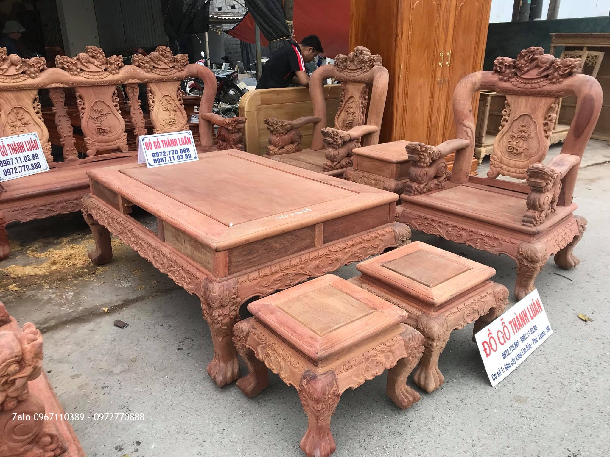 Bộ Bàn Ghế Minh Quốc Nghê Gỗ Hương Đỏ Lào VÍP.Cột.10 Món.