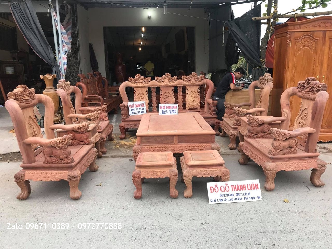 Bộ Bàn Ghế Minh Quốc Nghê Gỗ Hương Đỏ Lào VÍP.Cột.10 Món