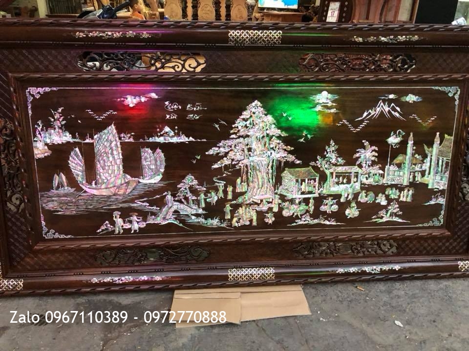 Tranh Đồng Quê Khảm Ốc Singapo. Gỗ Gụ 2m17-1m07